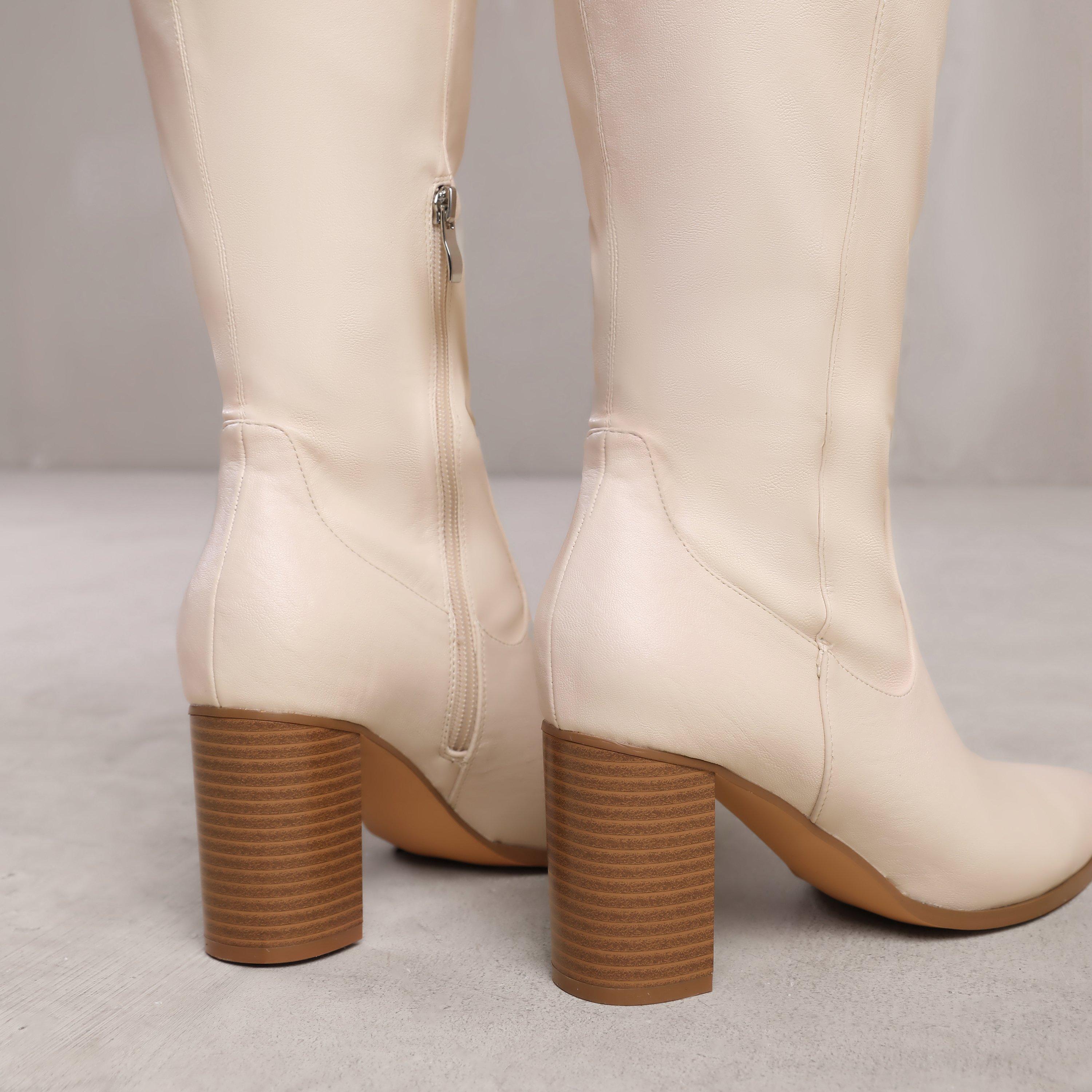 Cream Pu - Wheres That From - Hawthorn Stretch Wide Calf Block Heel Knee High Bo - 2