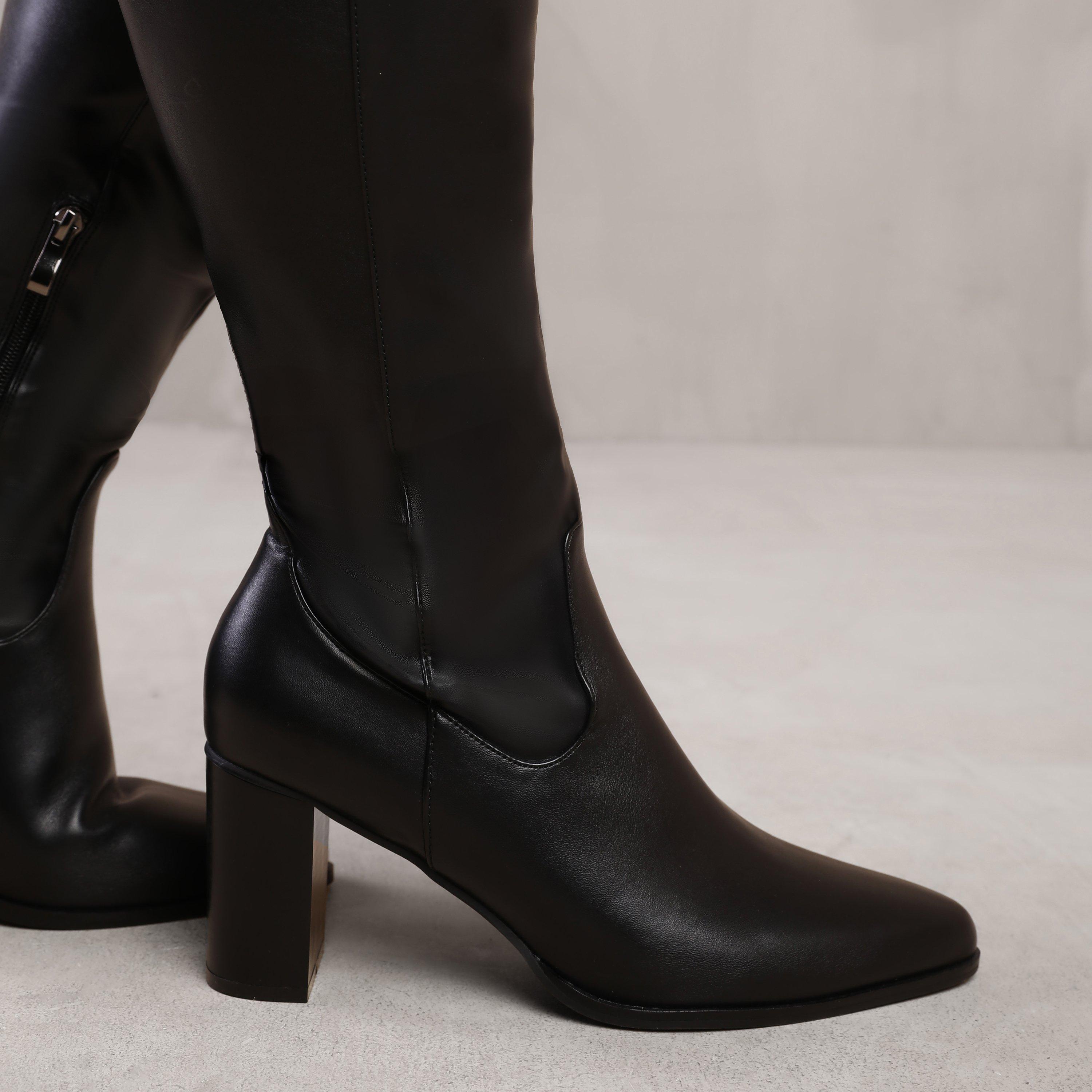 Black Pu - Wheres That From - Hawthorn Stretch Wide Calf Block Heel Knee High Bo - 2