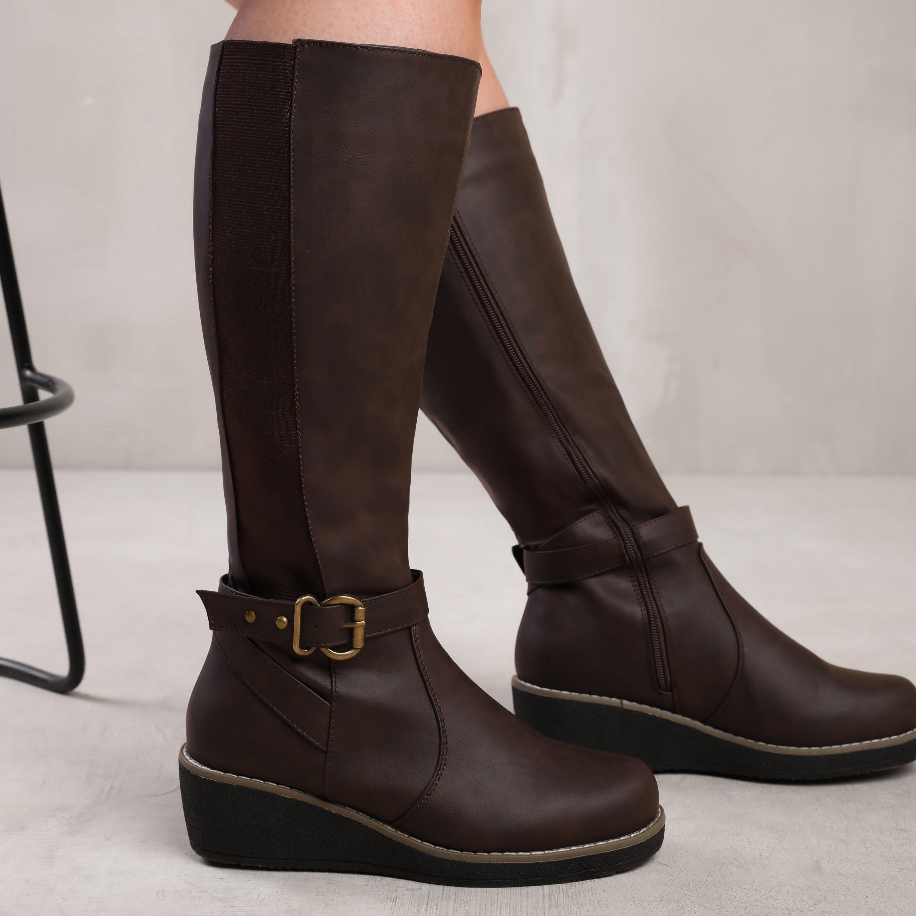 Ayleen Brown Wide Calf Wedge Knee-High Boots