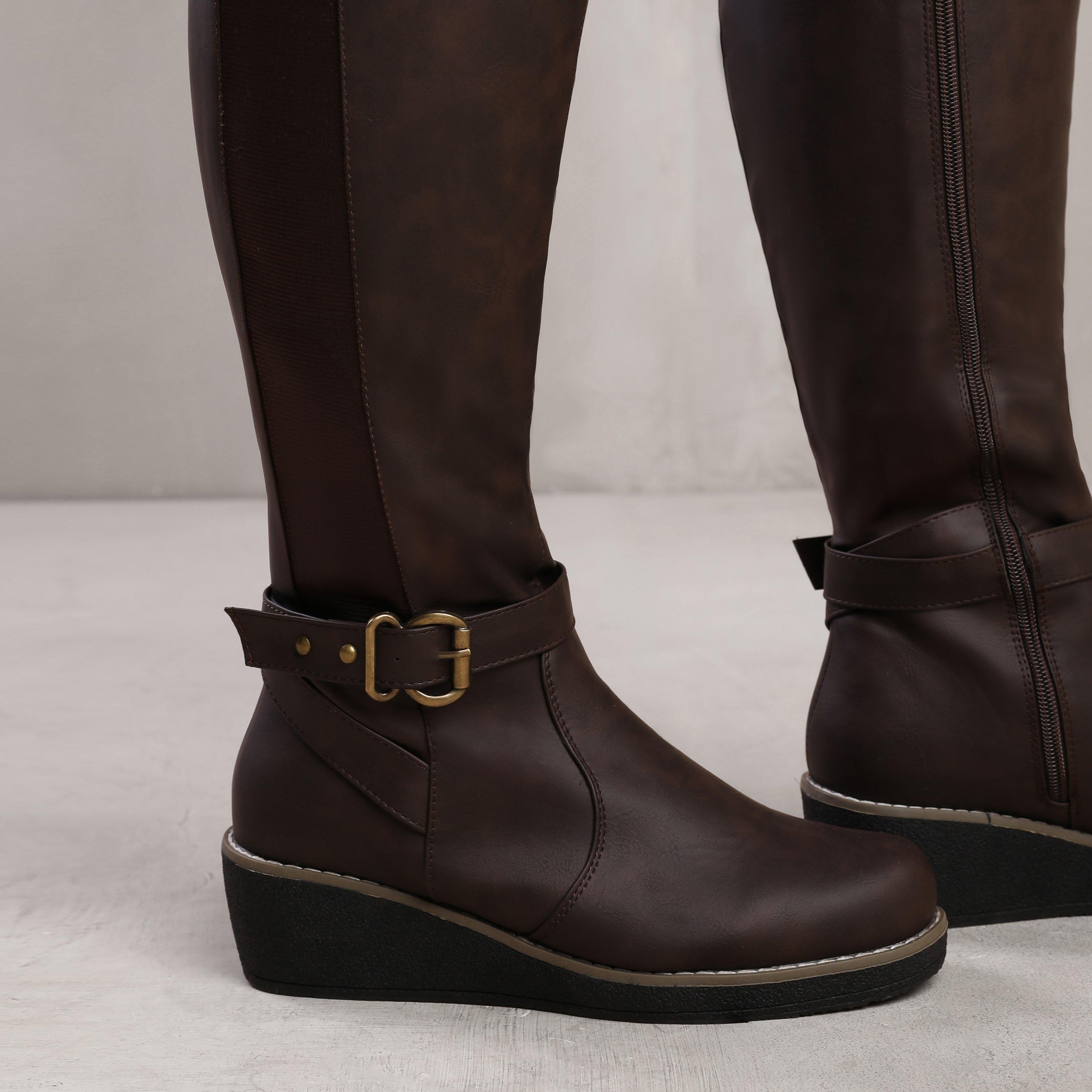 Brown Pu - Wheres That From - Ayleen Brown Wide Calf Wedge Knee-High Boots - 2