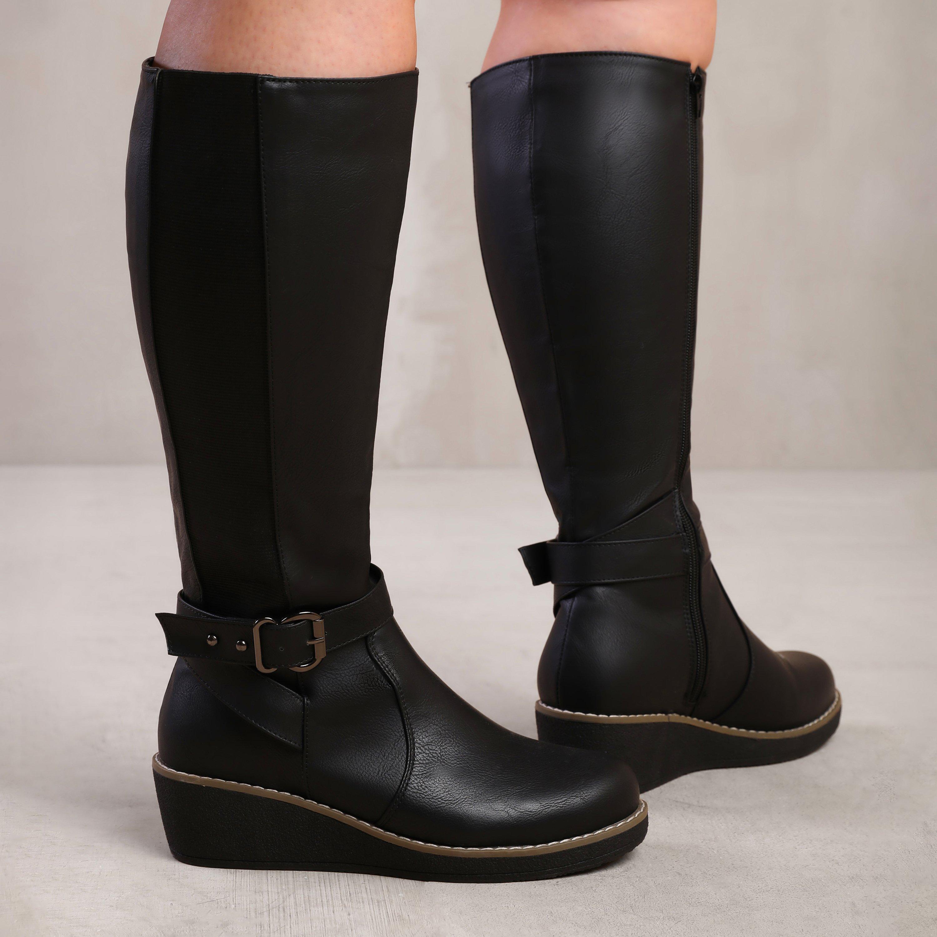 Black Pu - Wheres That From - Ayleen Black Wide Calf Wedge Knee-High Boots - 1