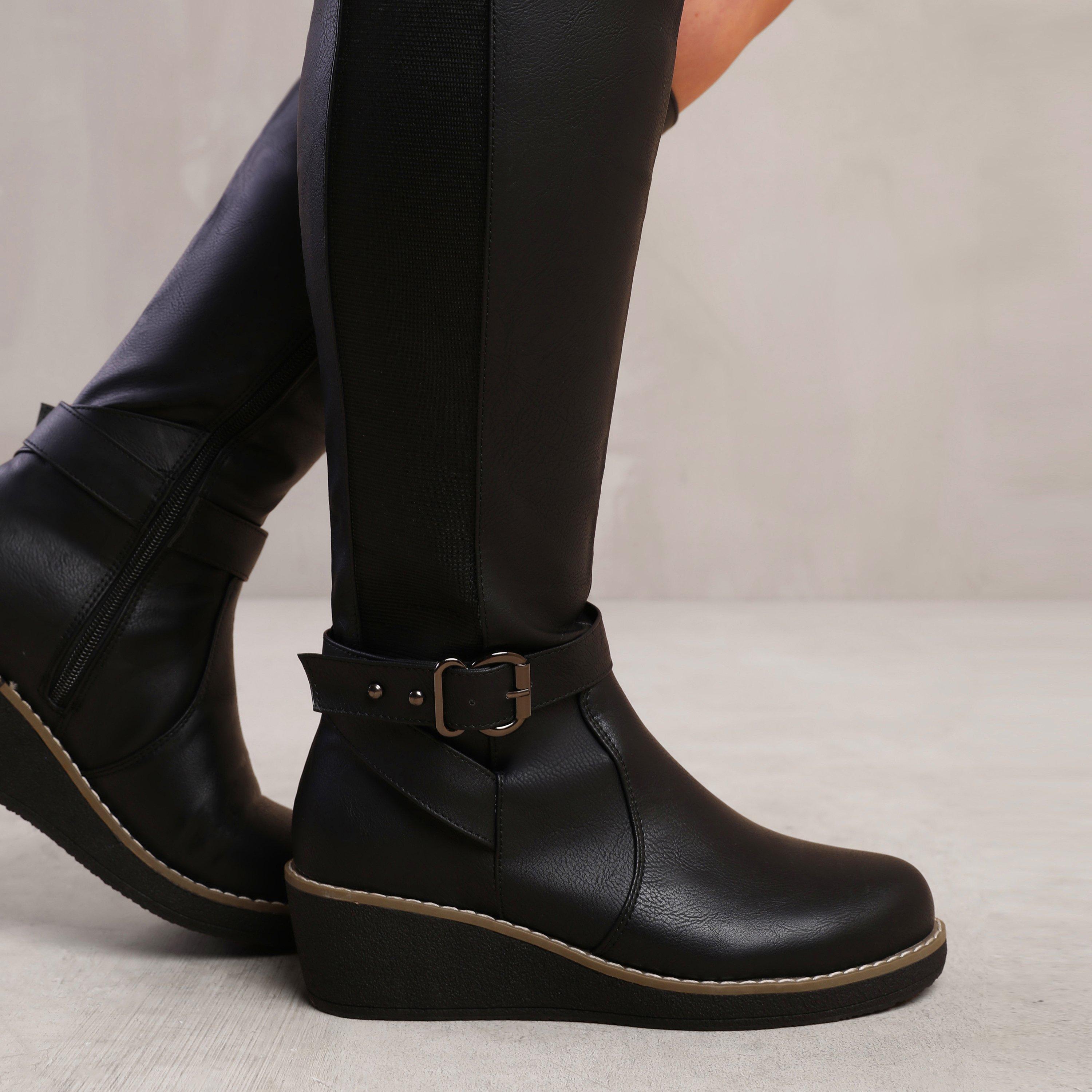 Black Pu - Wheres That From - Ayleen Black Wide Calf Wedge Knee-High Boots - 2
