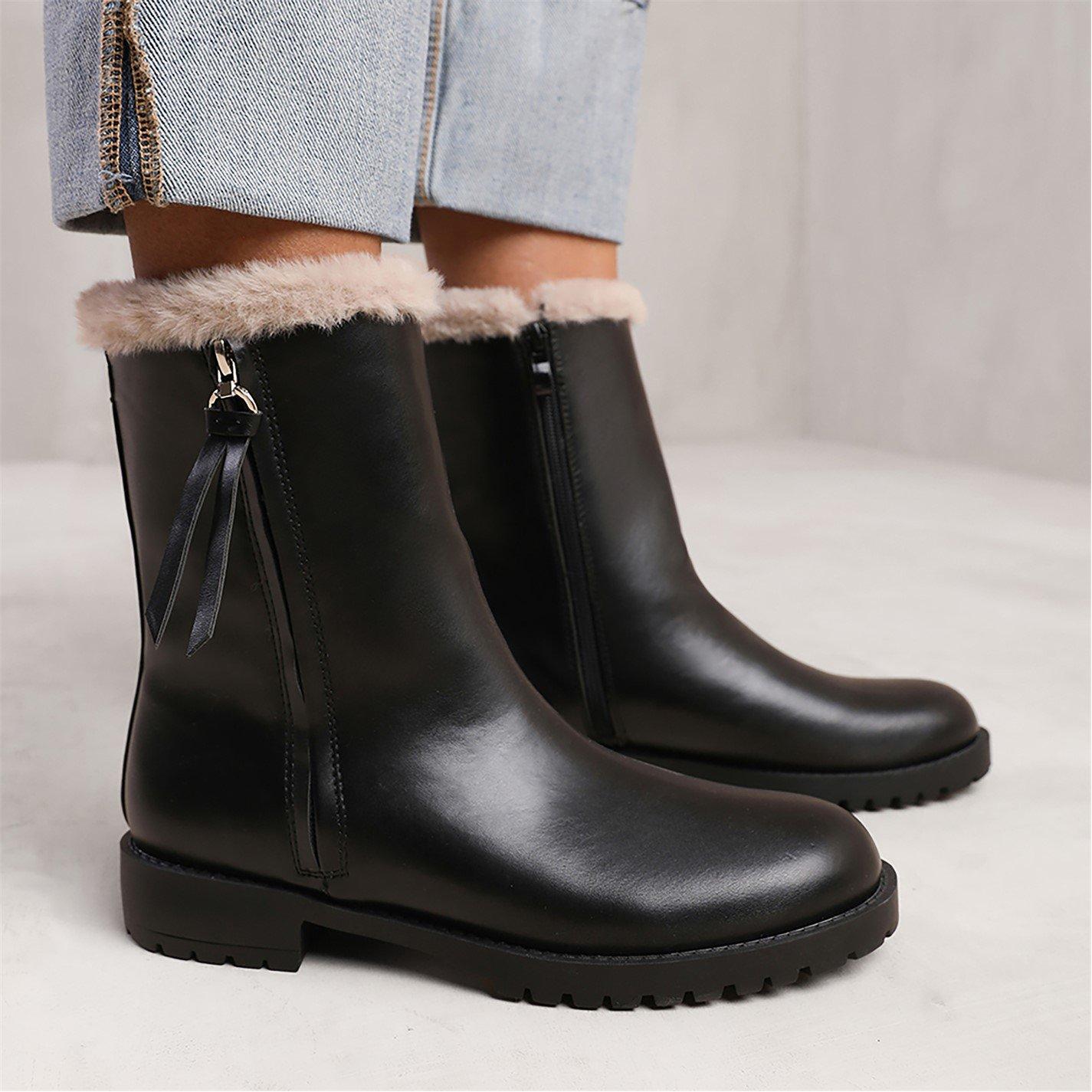 Black Pu - Wheres That From - Artic Black Mid Calf Fur Trim Boots - 3