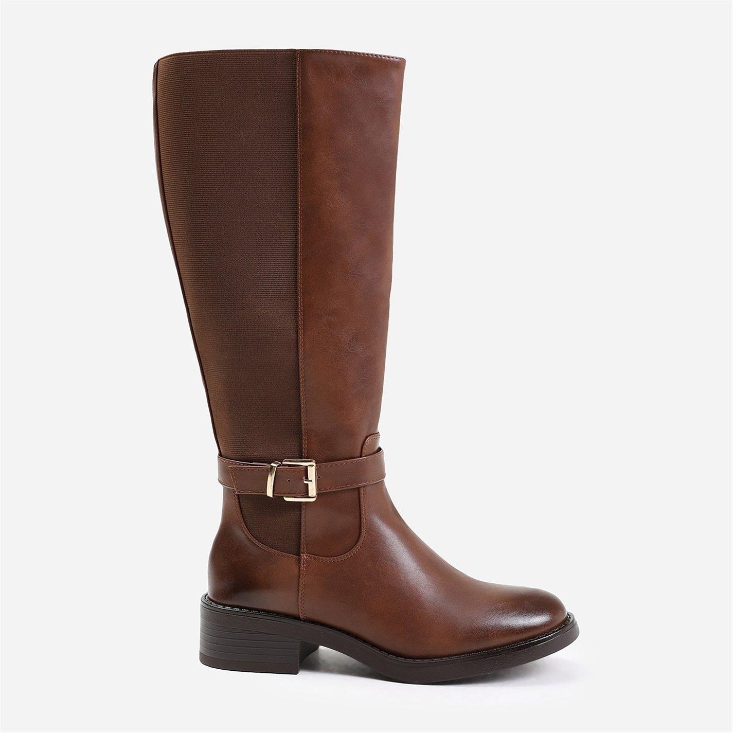 Brown Pu - Wheres That From - Buckle Detail Knee High Boots - 2