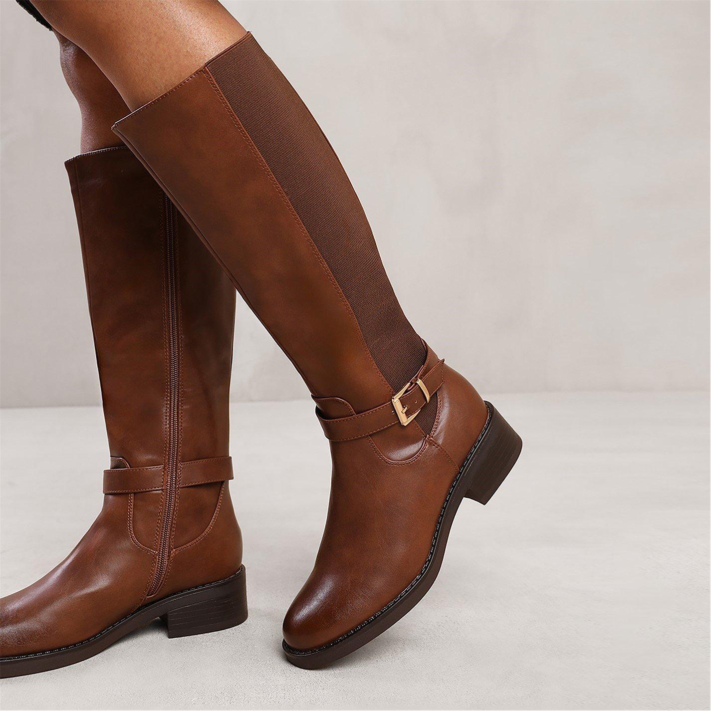 Brown Pu - Wheres That From - Buckle Detail Knee High Boots - 3