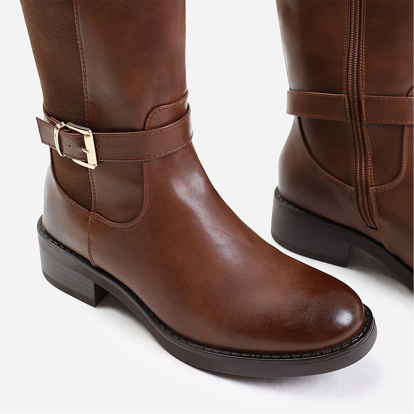 Brown Pu - Wheres That From - Buckle Detail Knee High Boots - 4