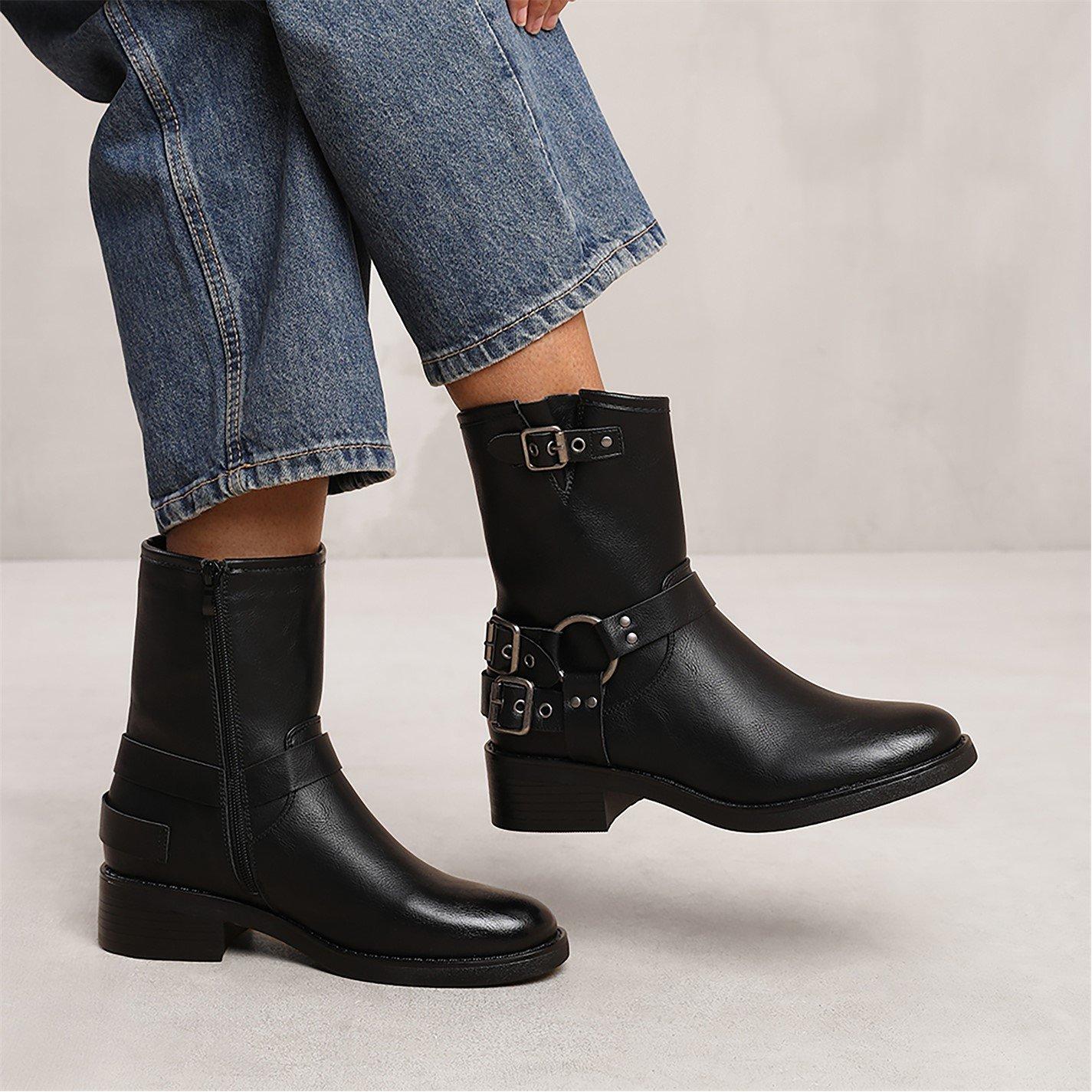 Black Pu - Wheres That From - Bode Black Buckle Detailing Ankle Boots - 2