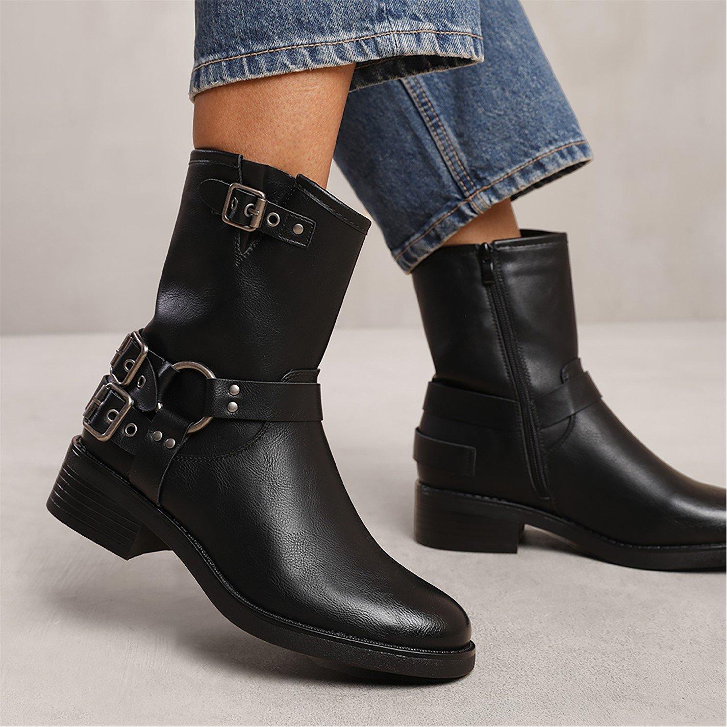 Black Pu - Wheres That From - Bode Black Buckle Detailing Ankle Boots - 3