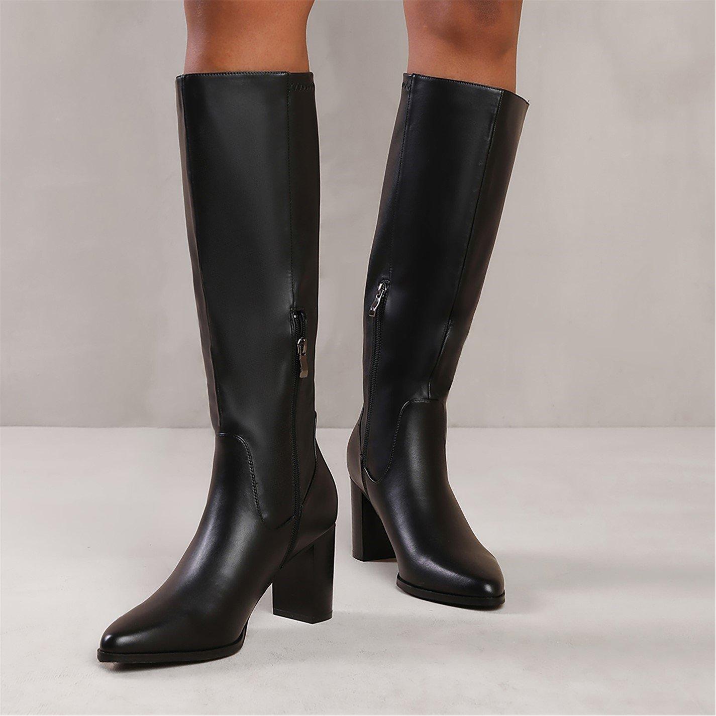 Black Pu - Wheres That From - Block Heel Knee High Boots With Stitch Detail - 1