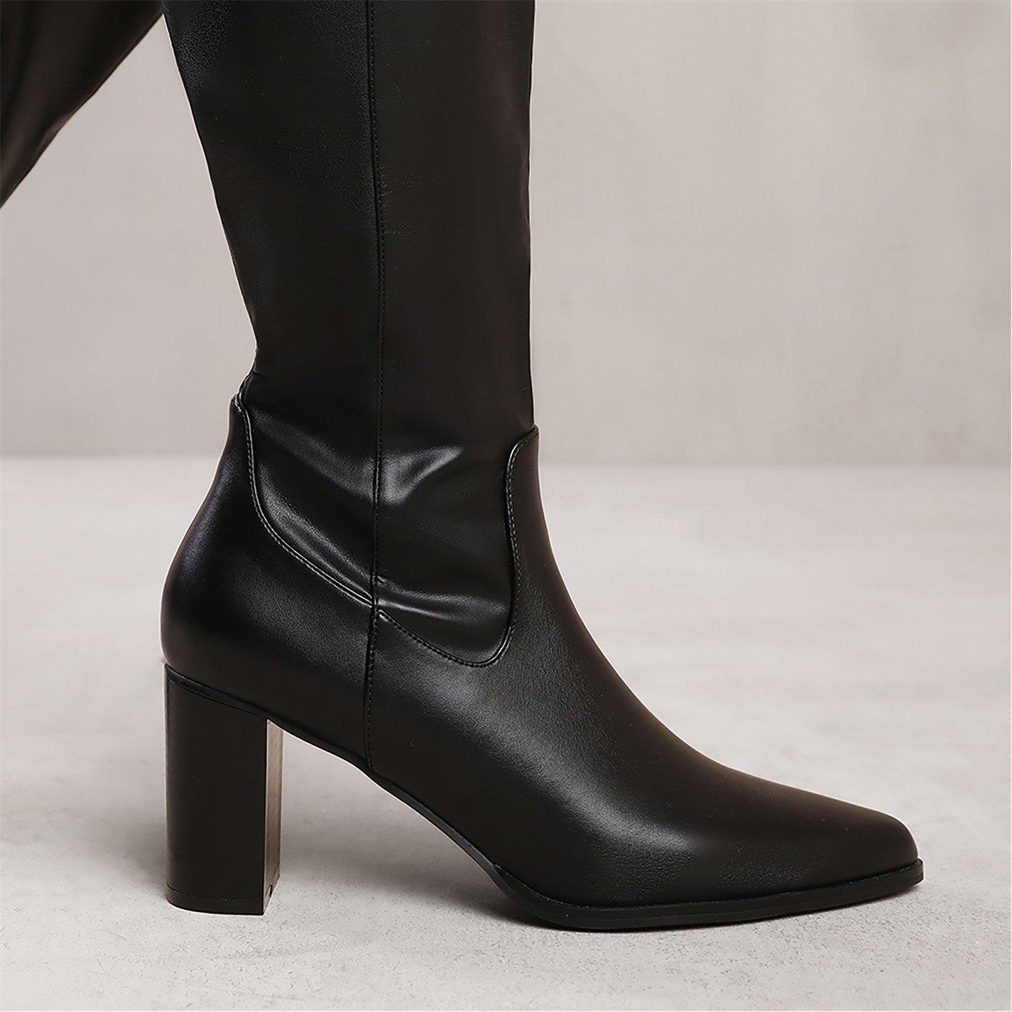 Black Pu - Wheres That From - Block Heel Knee High Boots With Stitch Detail - 2