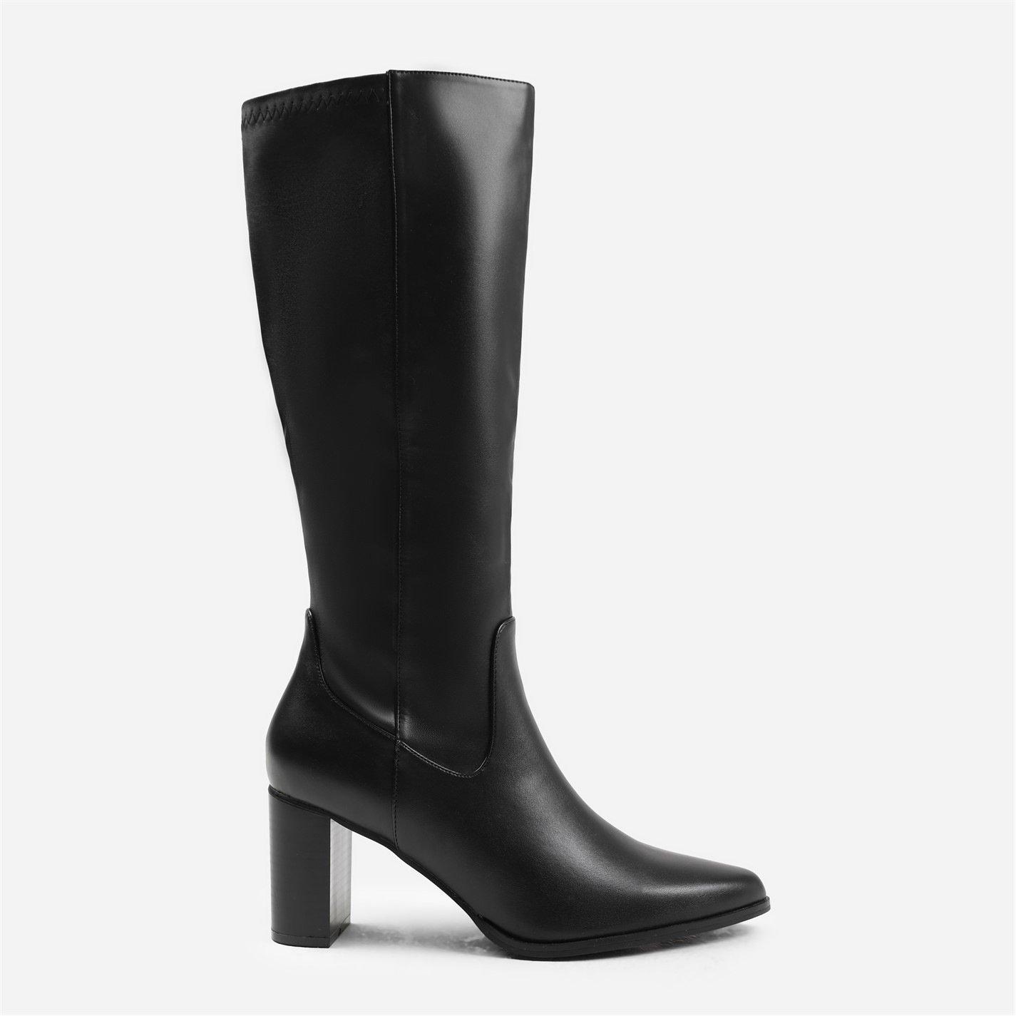 Black Pu - Wheres That From - Block Heel Knee High Boots With Stitch Detail - 3