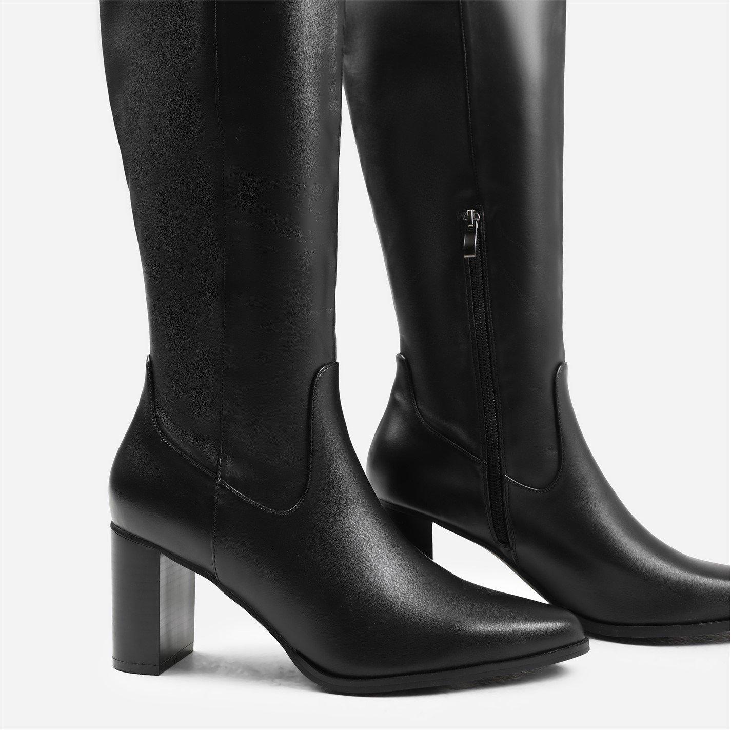 Black Pu - Wheres That From - Block Heel Knee High Boots With Stitch Detail - 4