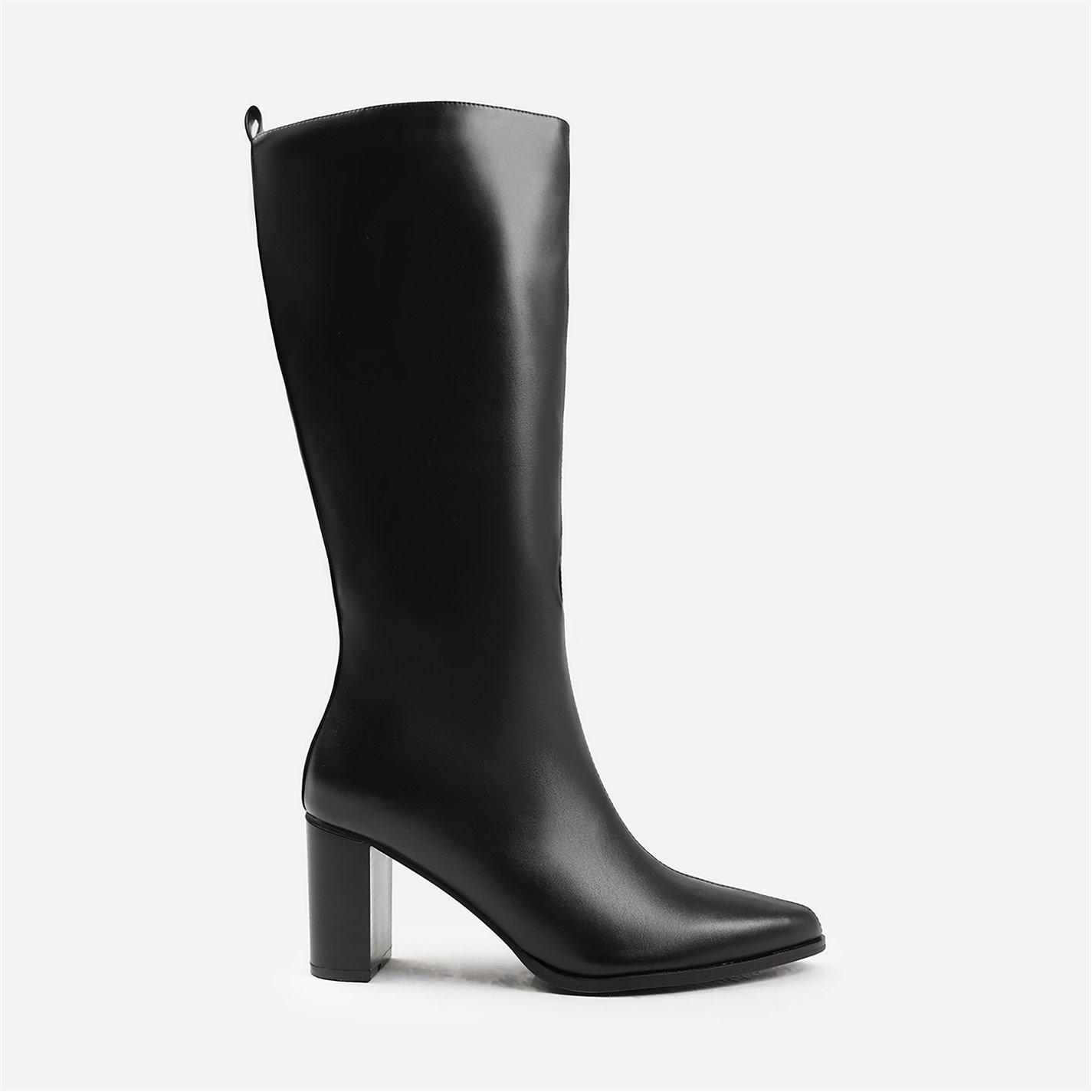 Black Pu - Wheres That From - Elder Block Heel Knee High Boots With Side Zip In - 1