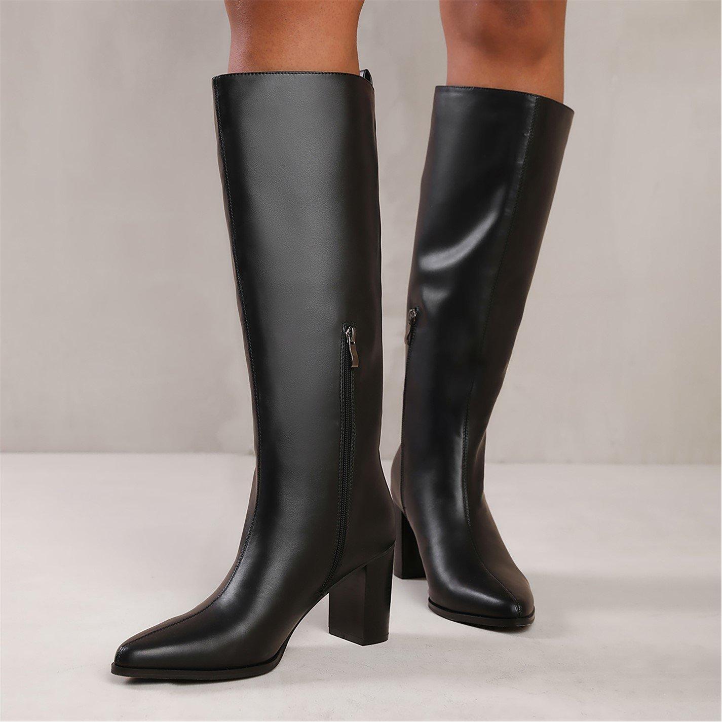Black Pu - Wheres That From - Elder Block Heel Knee High Boots With Side Zip In - 2