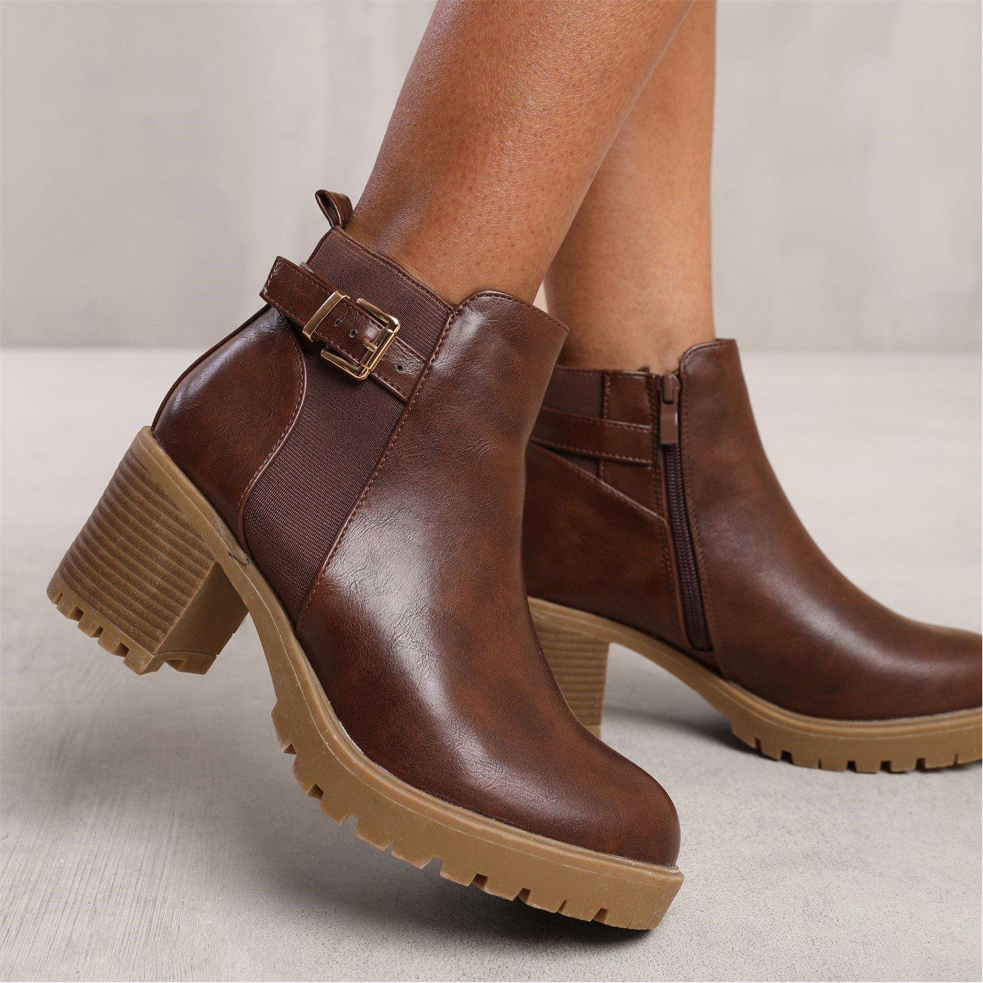 Brown Pu - Wheres That From - Mid Block Heel With Buckle Detail Stretch - 2