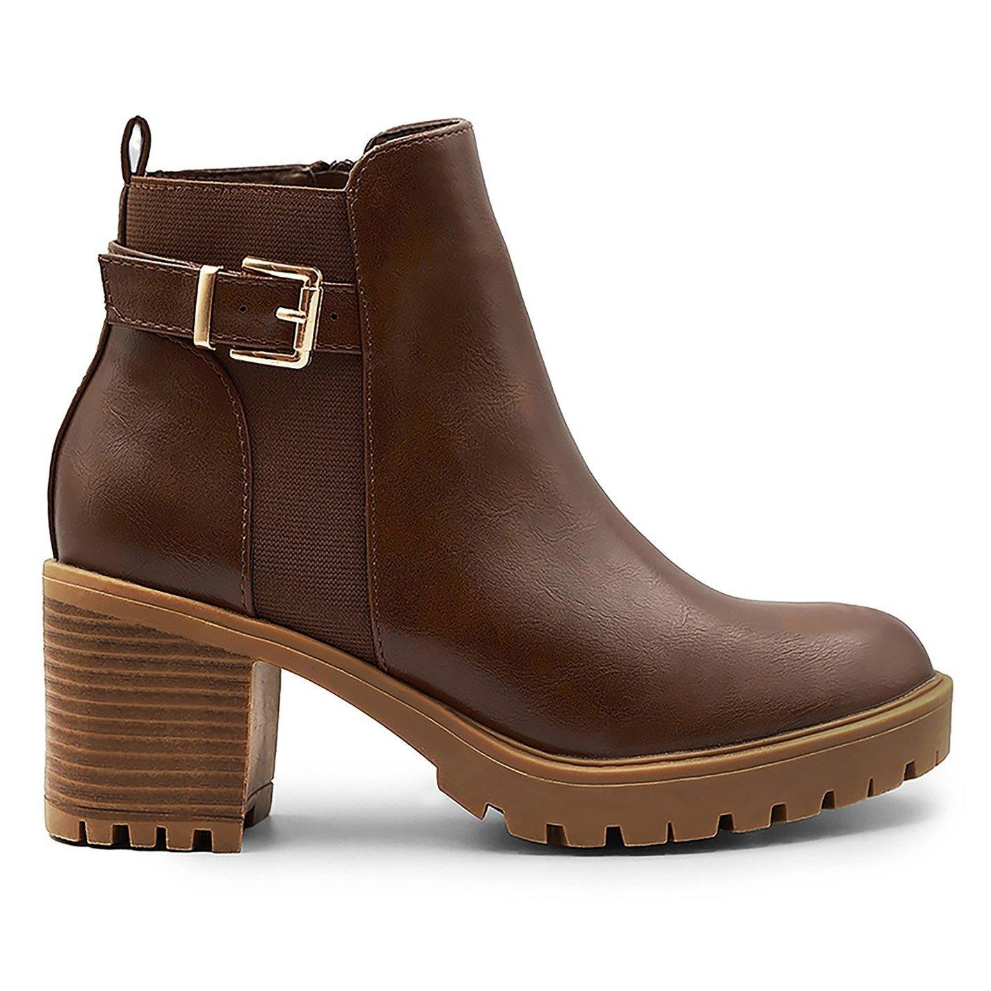 Brown Pu - Wheres That From - Mid Block Heel With Buckle Detail Stretch - 3