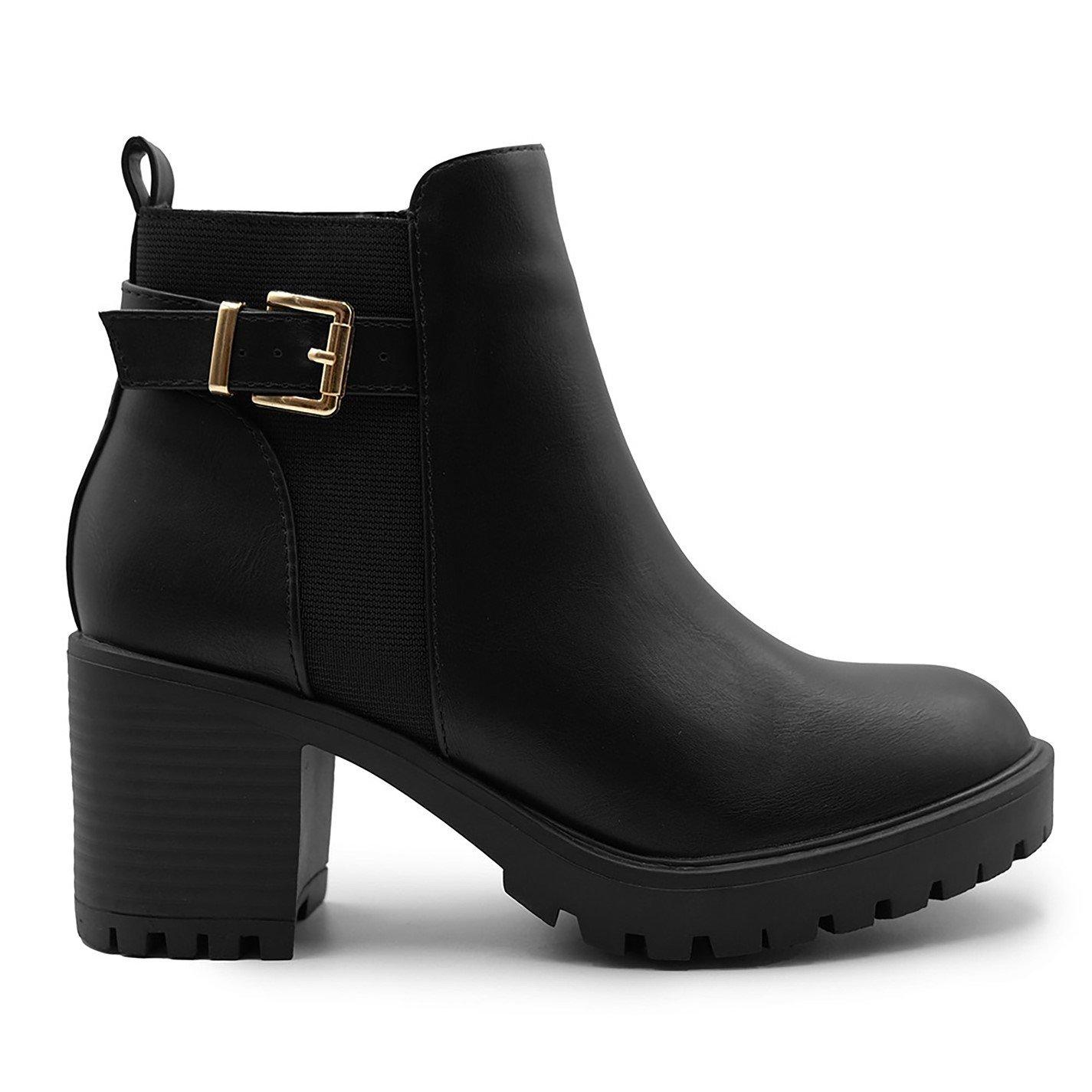 Black Pu - Wheres That From - Mid Block Heel With Buckle Detail - 3