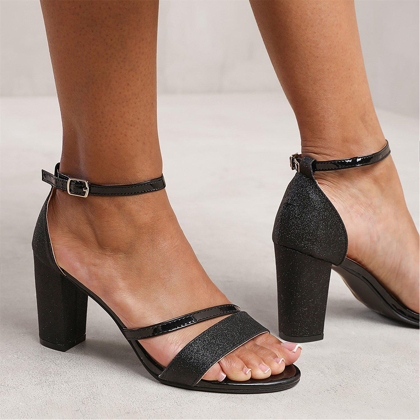 Black - Wheres That From - Black Glitter Perla Mid Block Heel Sandals - 2