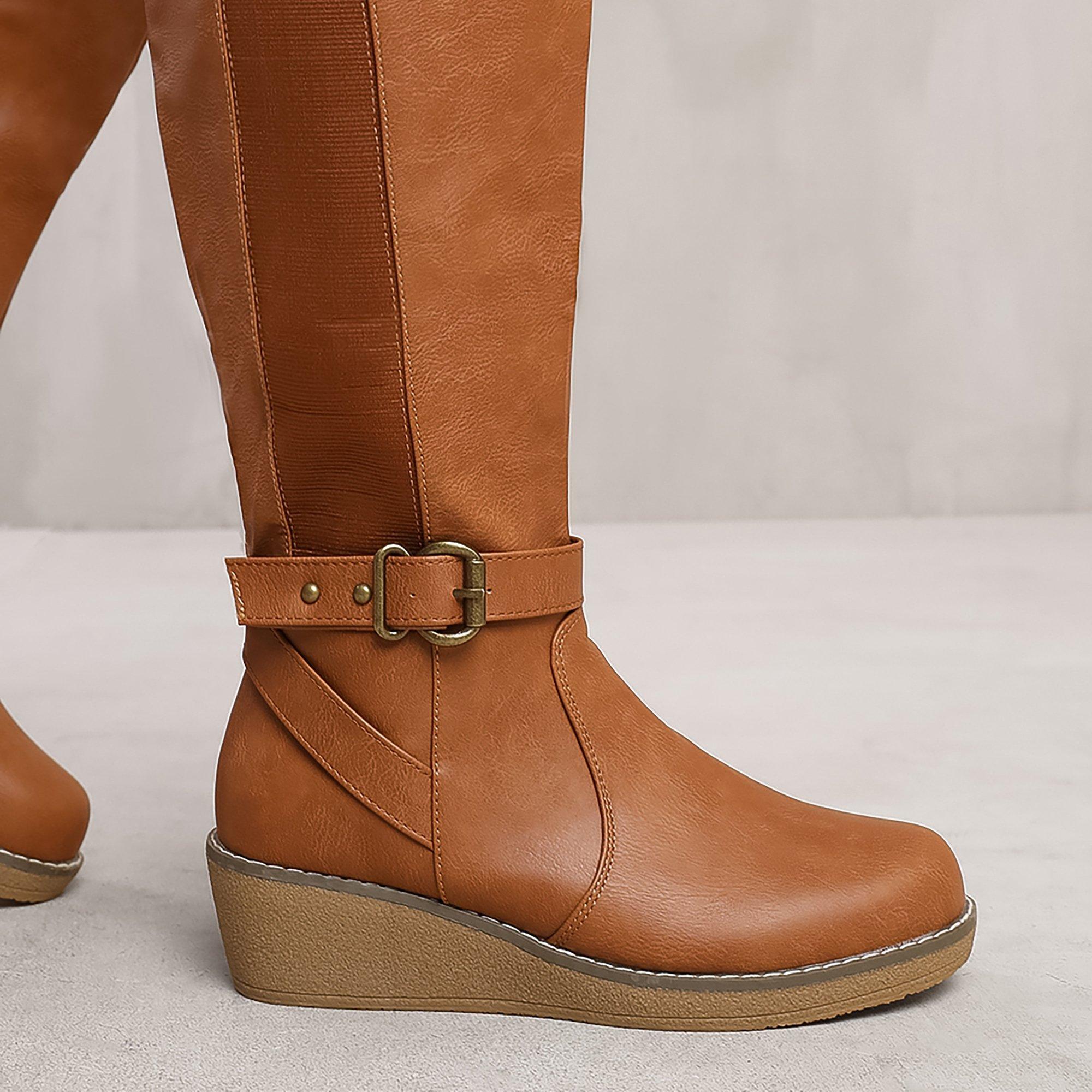 Tanpu - Wheres That From - Ayleen Wide Calf Wedge Heel Knee High Boots With E - 1