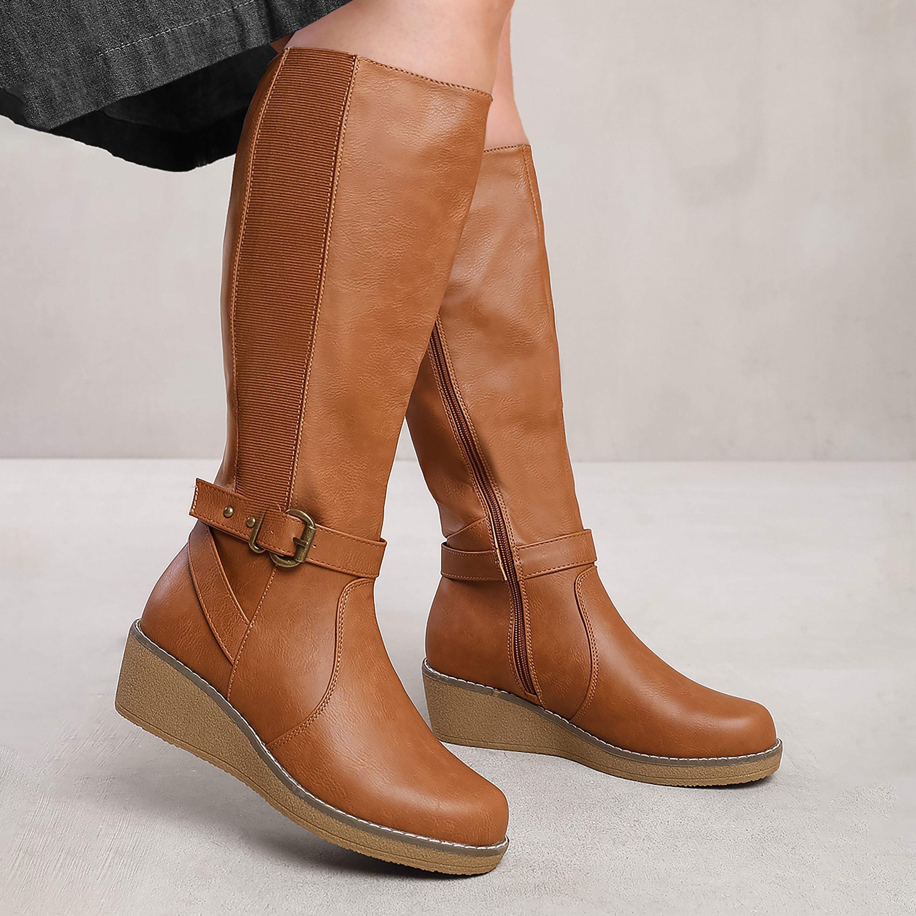Tanpu - Wheres That From - Ayleen Wide Calf Wedge Heel Knee High Boots With E - 2