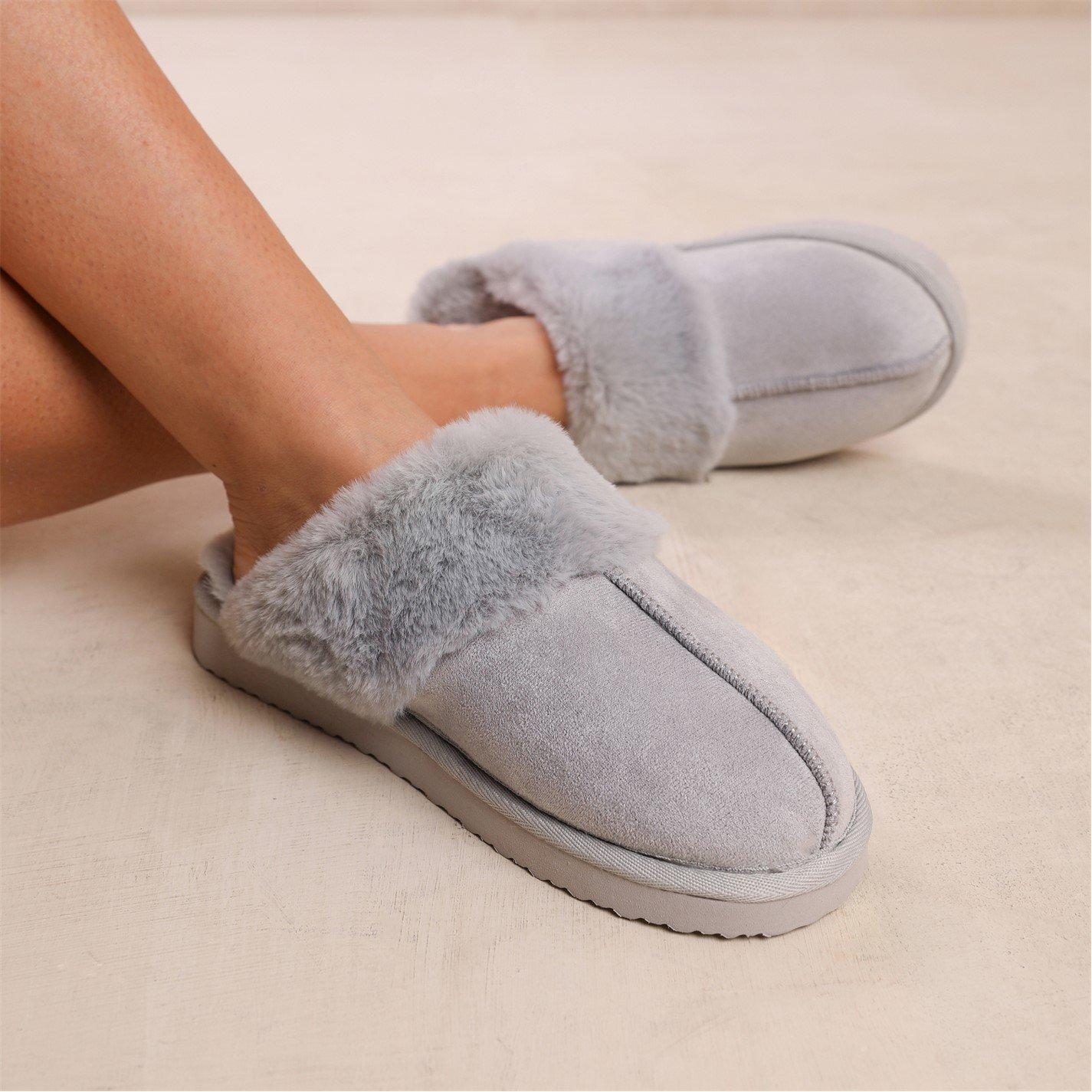 Greysuede - Wheres That From - Lounge Grey Suede Slippers With Fur Trim - 2