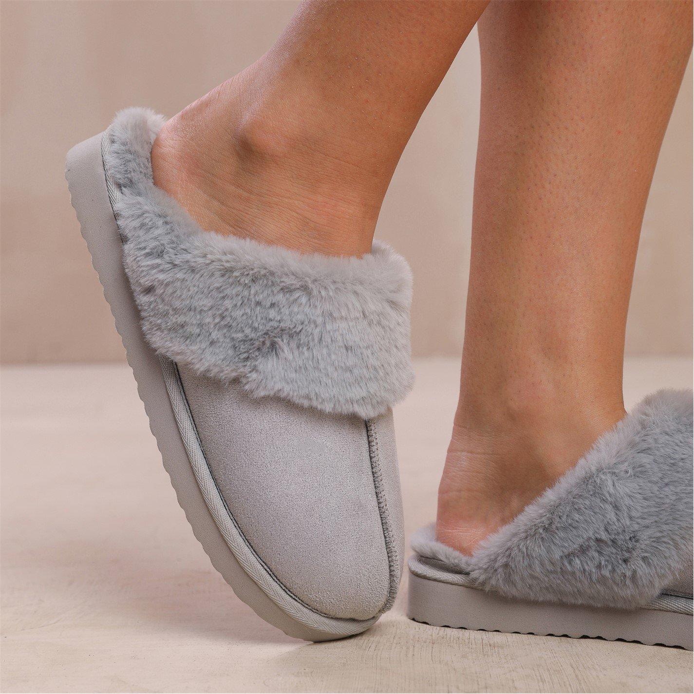 Greysuede - Wheres That From - Lounge Grey Suede Slippers With Fur Trim - 3
