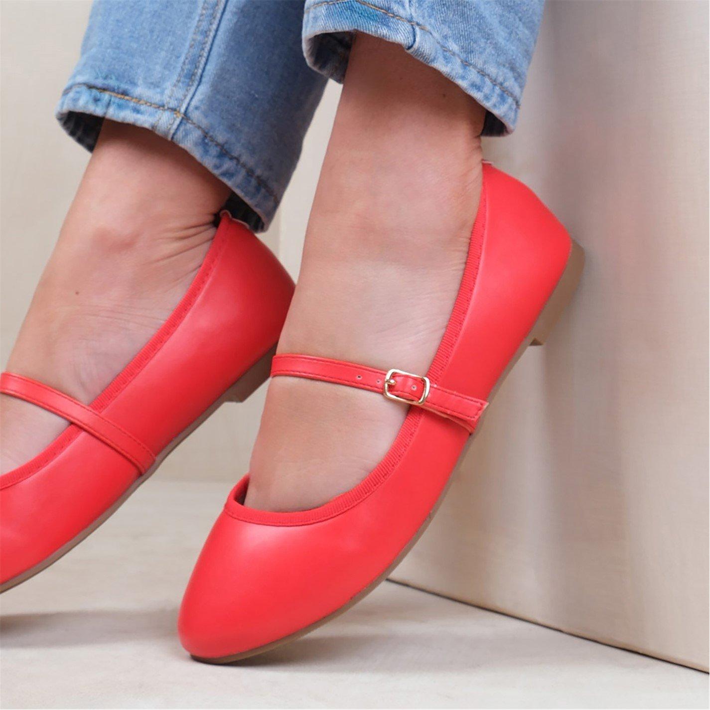 Redpu - Wheres That From - Josie Ballerina Flats With Strap Detail In Red Fau - 2
