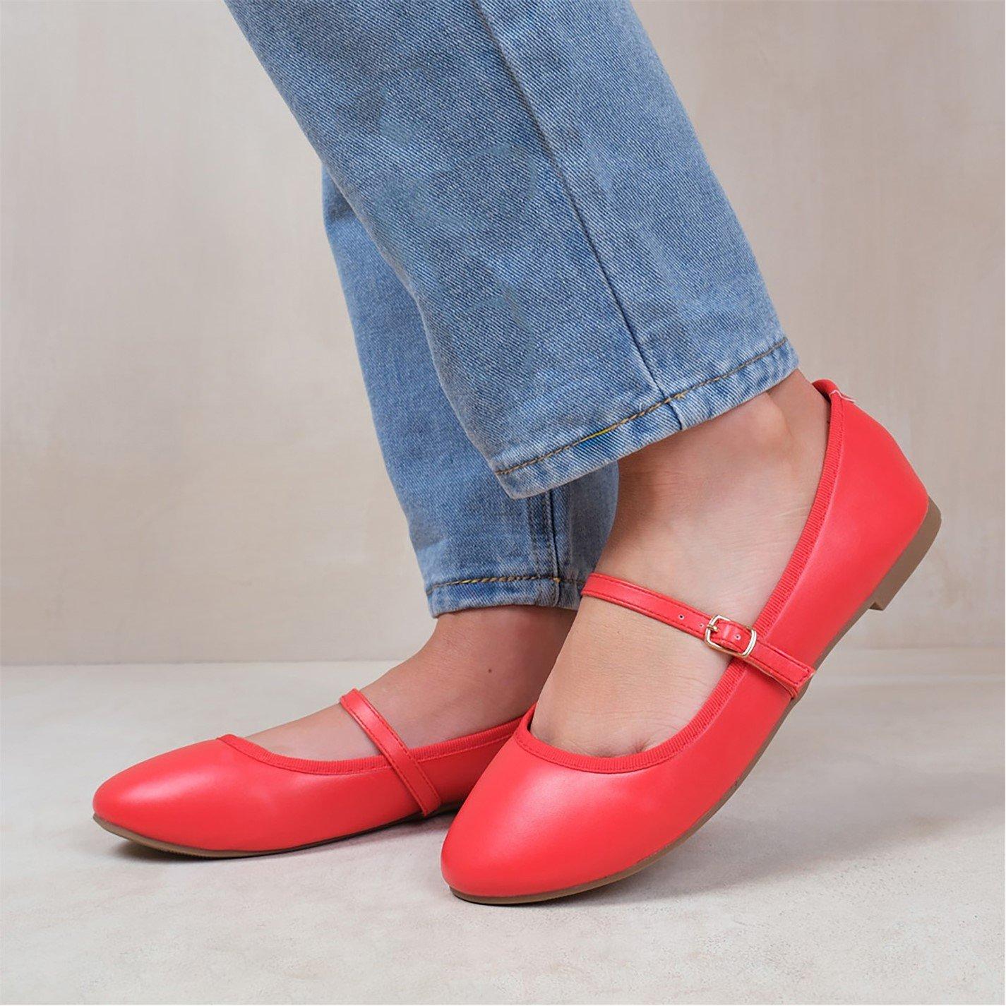 Redpu - Wheres That From - Josie Ballerina Flats With Strap Detail In Red Fau - 3