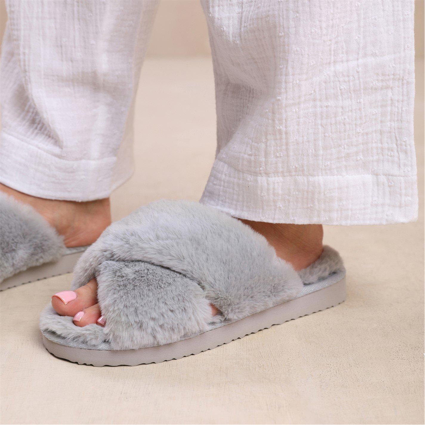 Grey - Wheres That From - Weekend Grey Cross Over Fluffy Slippers - 3