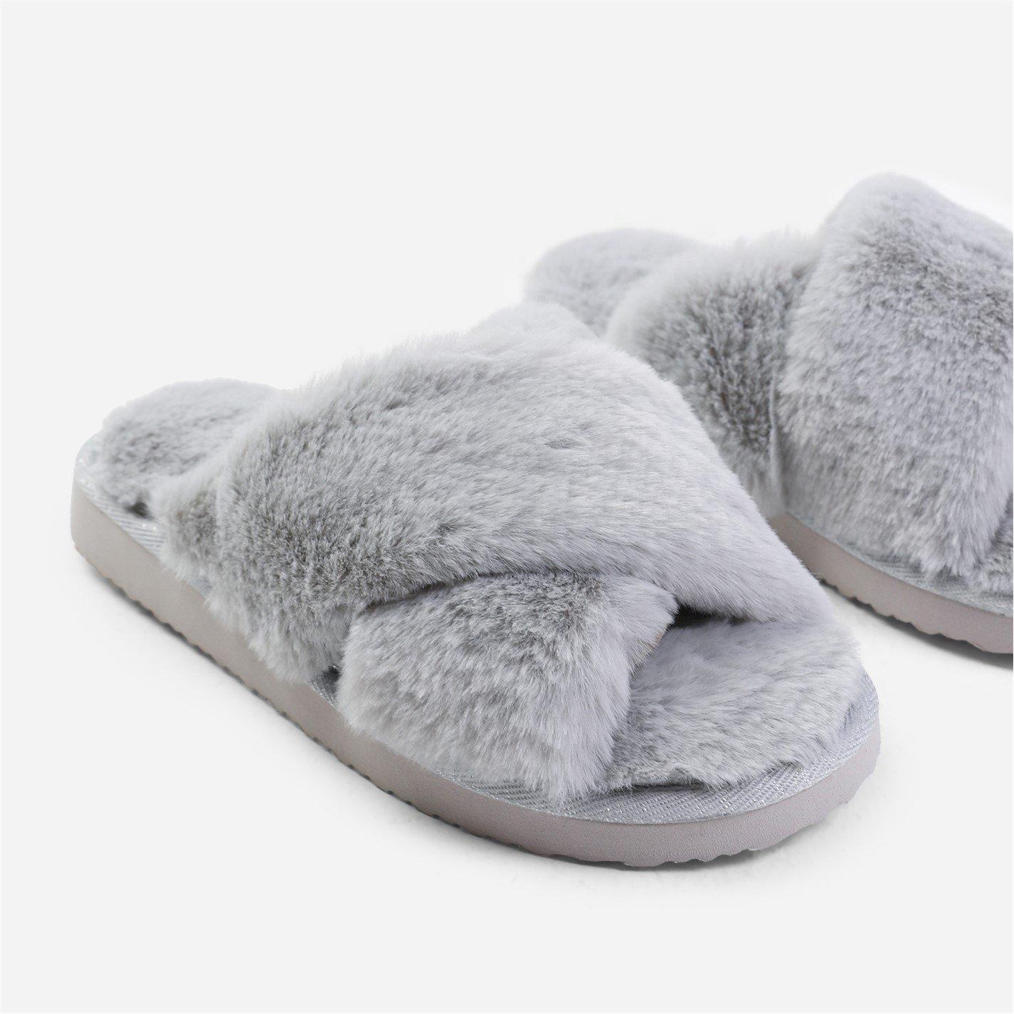 Grey - Wheres That From - Weekend Grey Cross Over Fluffy Slippers - 4