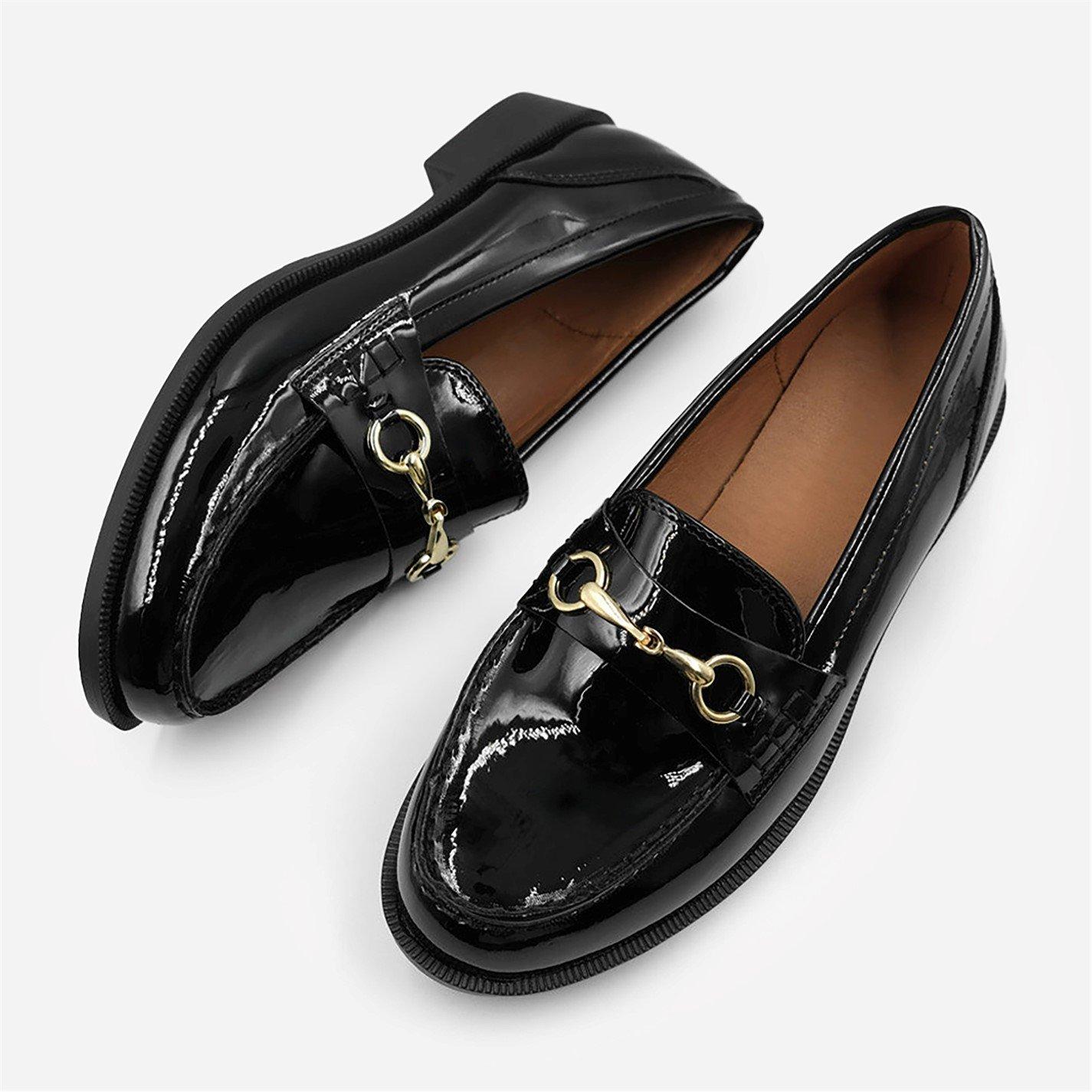 Black Patent - Wheres That From - Cielo Wide Fit Round Toe Single Metal Bar Loafers - 1