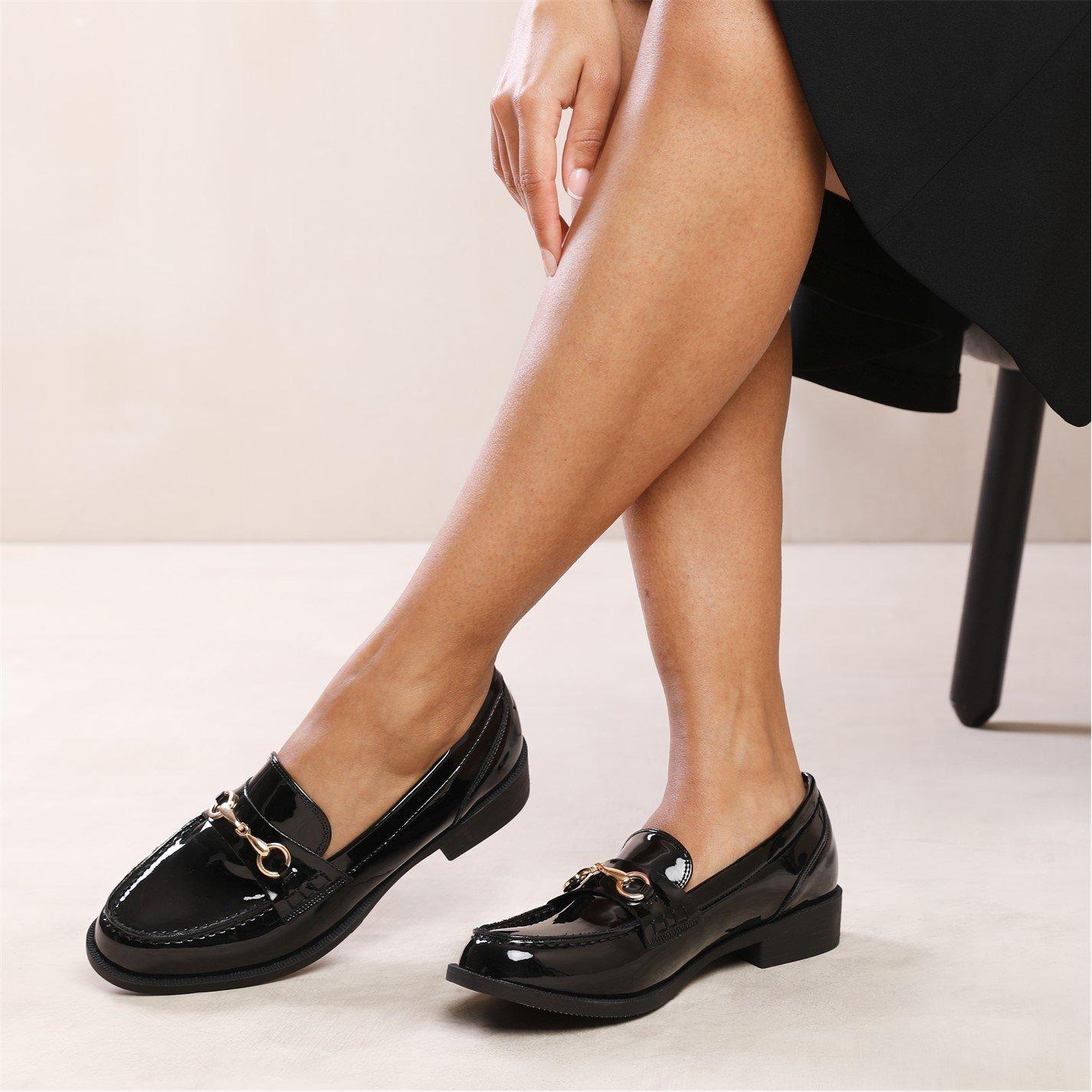 Black Patent - Wheres That From - Cielo Wide Fit Round Toe Single Metal Bar Loafers - 2