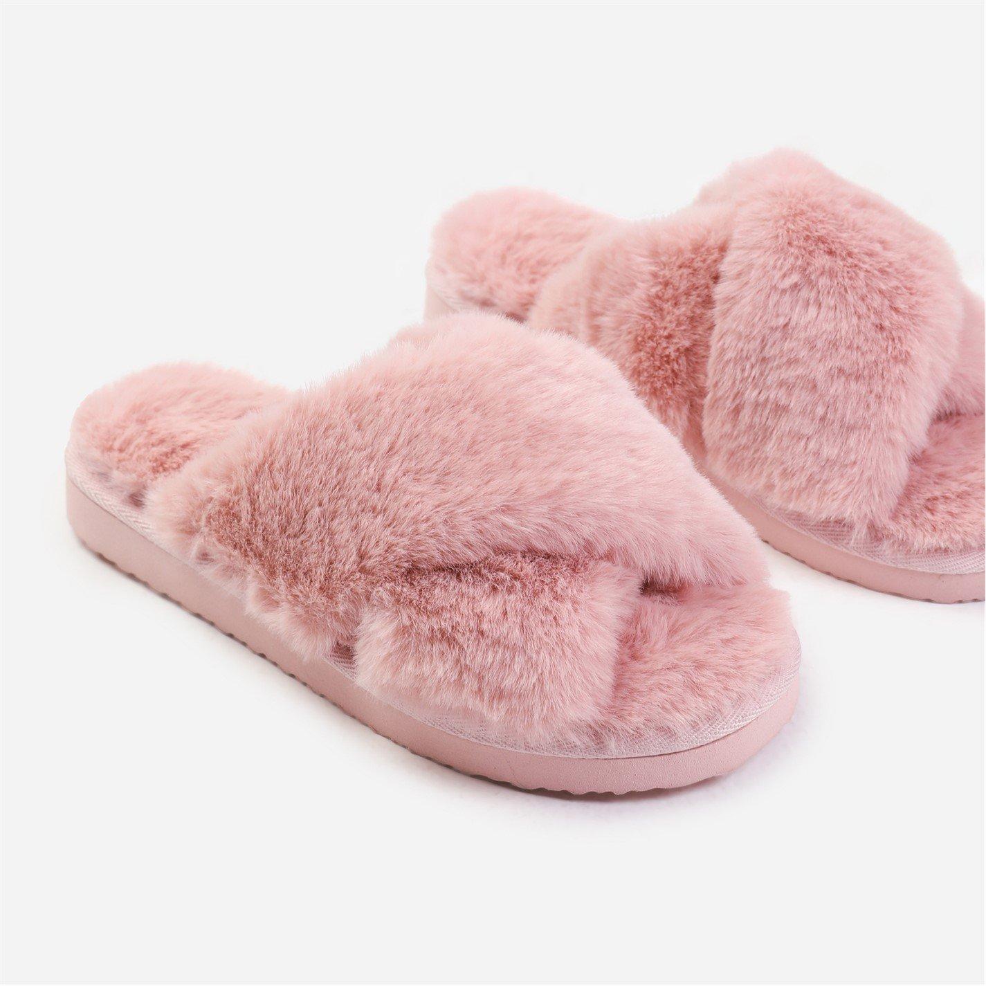 Pink - Wheres That From - Weekend Pink Cross Over Fluffy Slippers - 4