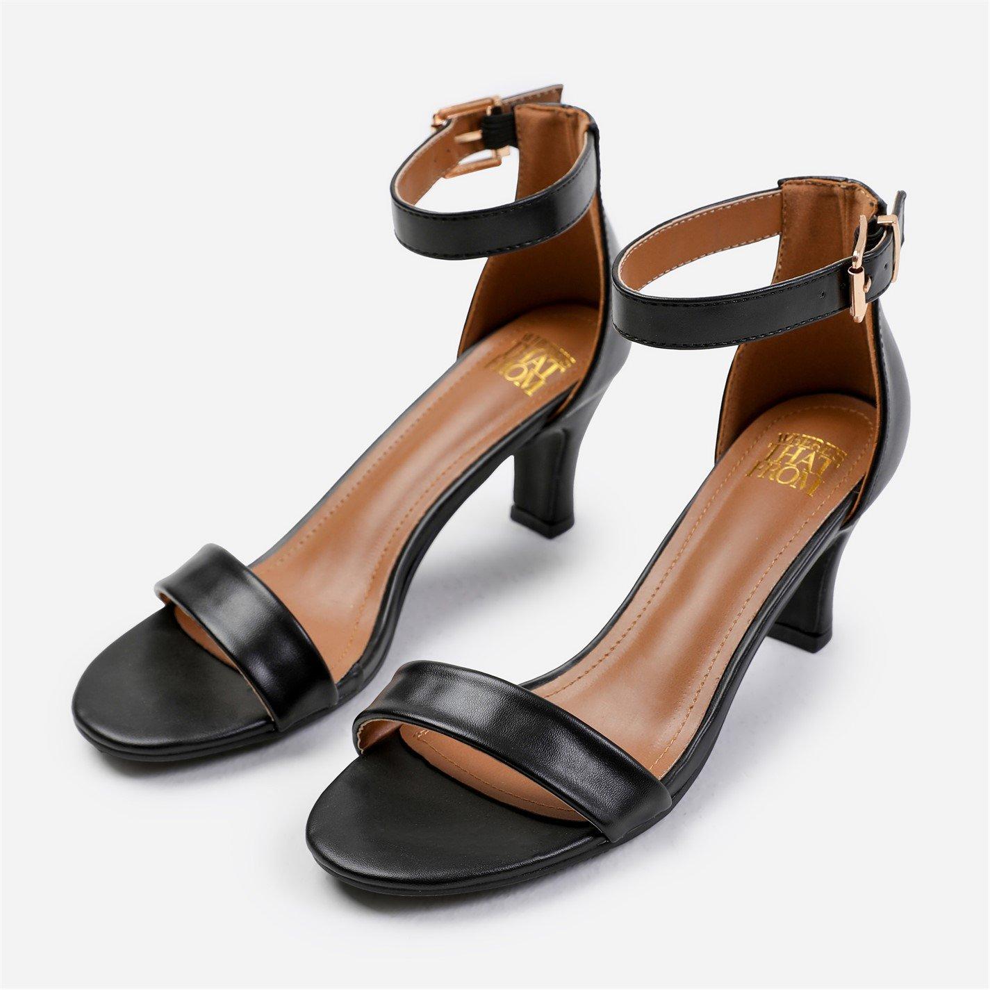 Wheres That From Women's Black Pu Madrid Mid Block Heel With Ankle Strap In