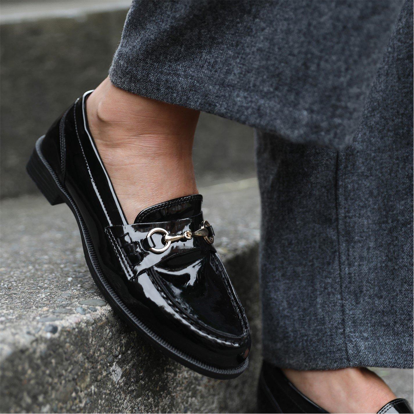 Black Patent - Wheres That From - Black Cielo Round Toe Metal Detail Loafers - 5