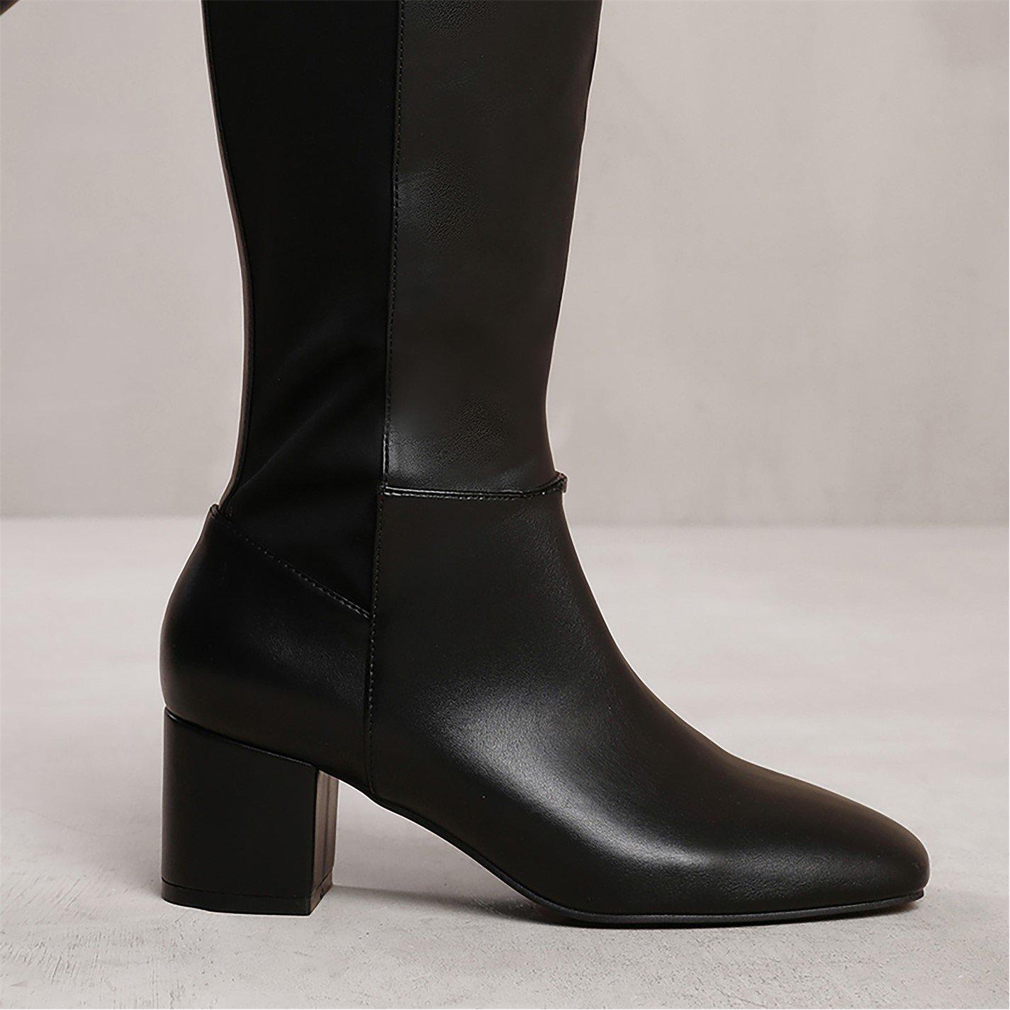Black Pu - Wheres That From - Beau Block Heel Knee High Boots With Side Zip In B - 2