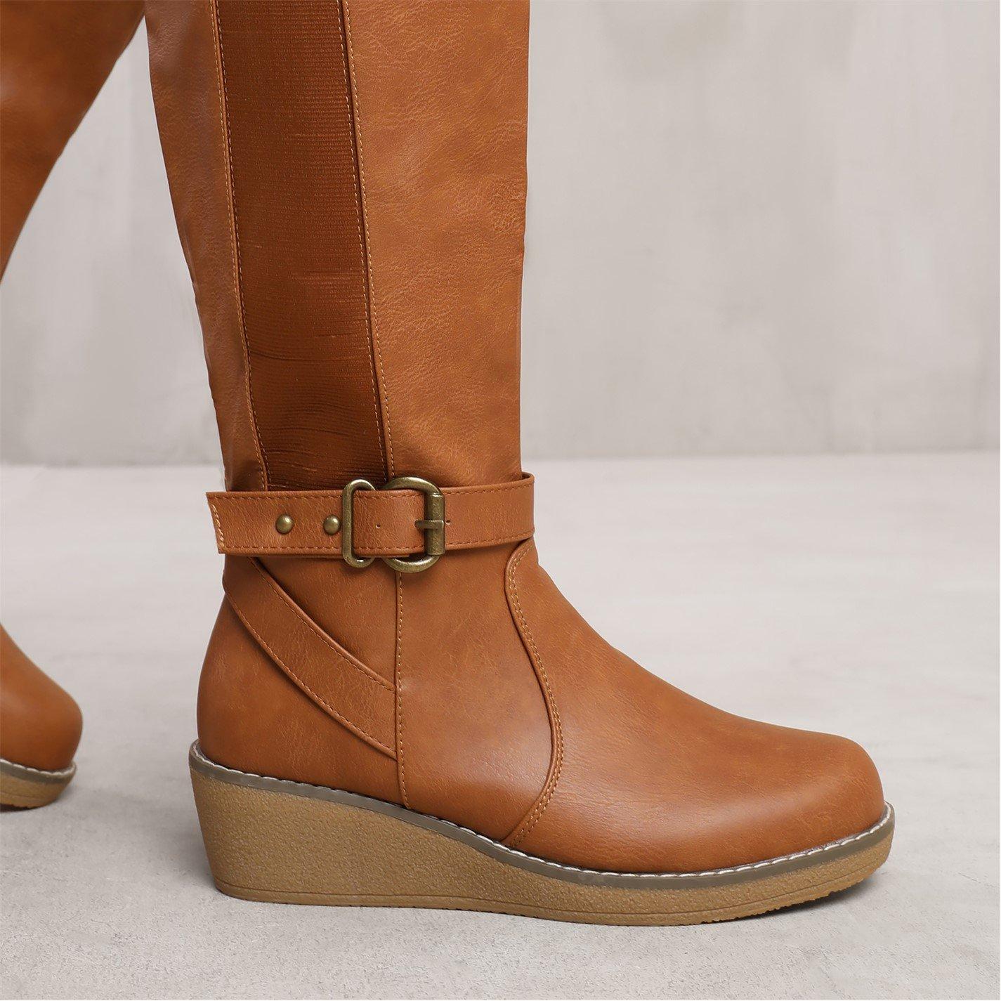 Tanpu - Wheres That From - Knee High Boots With Elastic Panel and Buckle Detail - 2