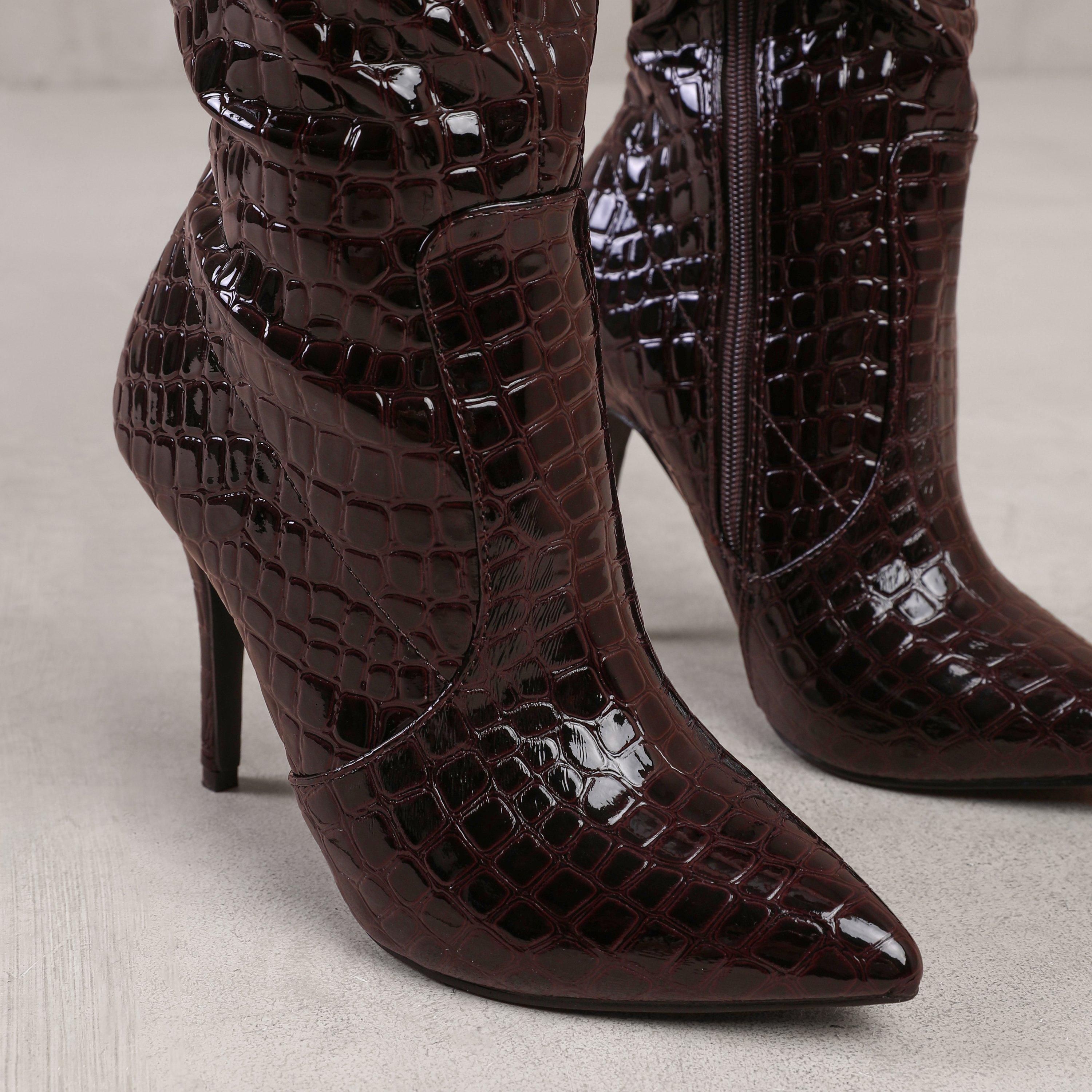 Dark Browncrocp - Wheres That From - Zoya Wide Calf High Heel Boot In Wide E Fit In Dar - 2