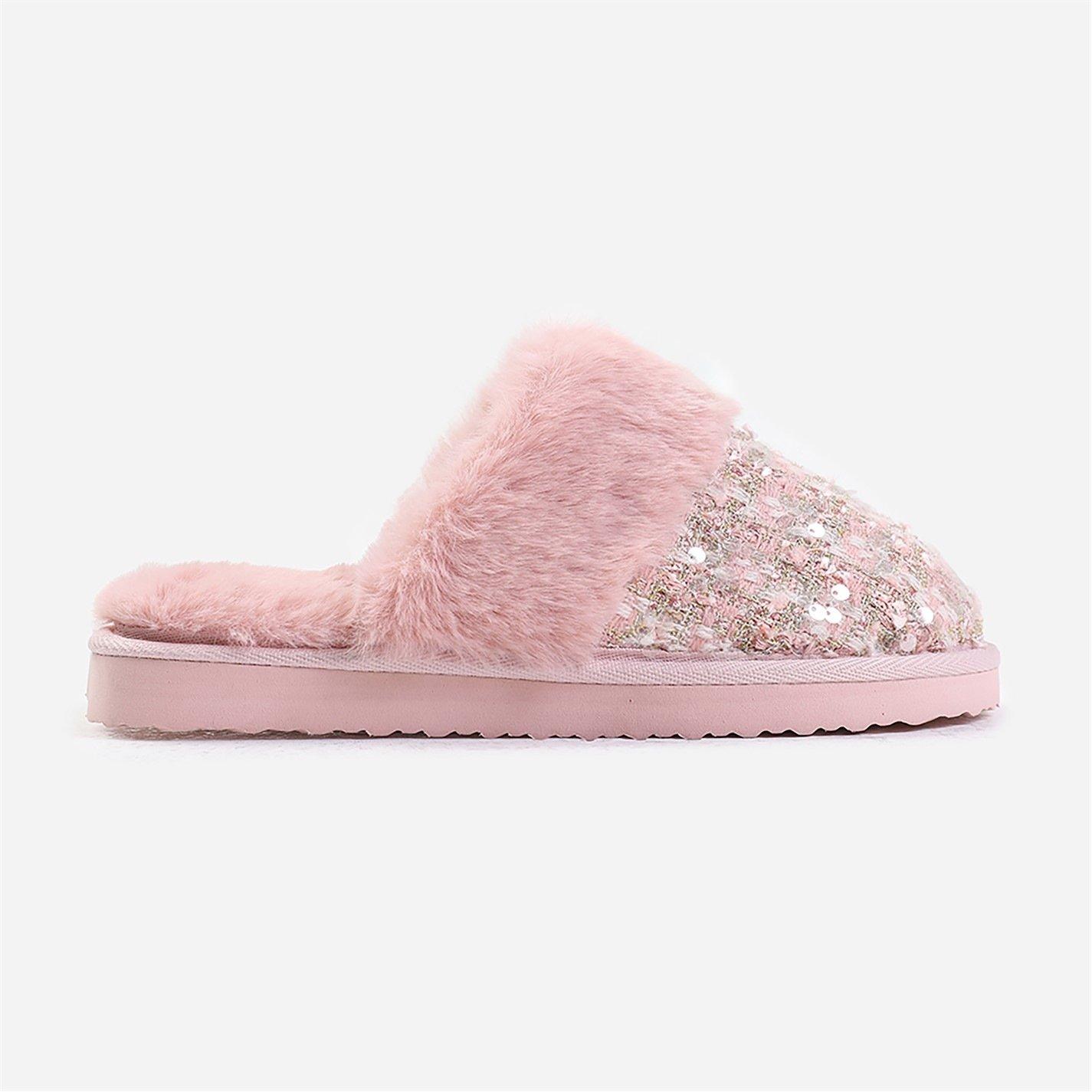Wheres That From Cozy Slip On Sequin Slippers With Fur Trim In Pink