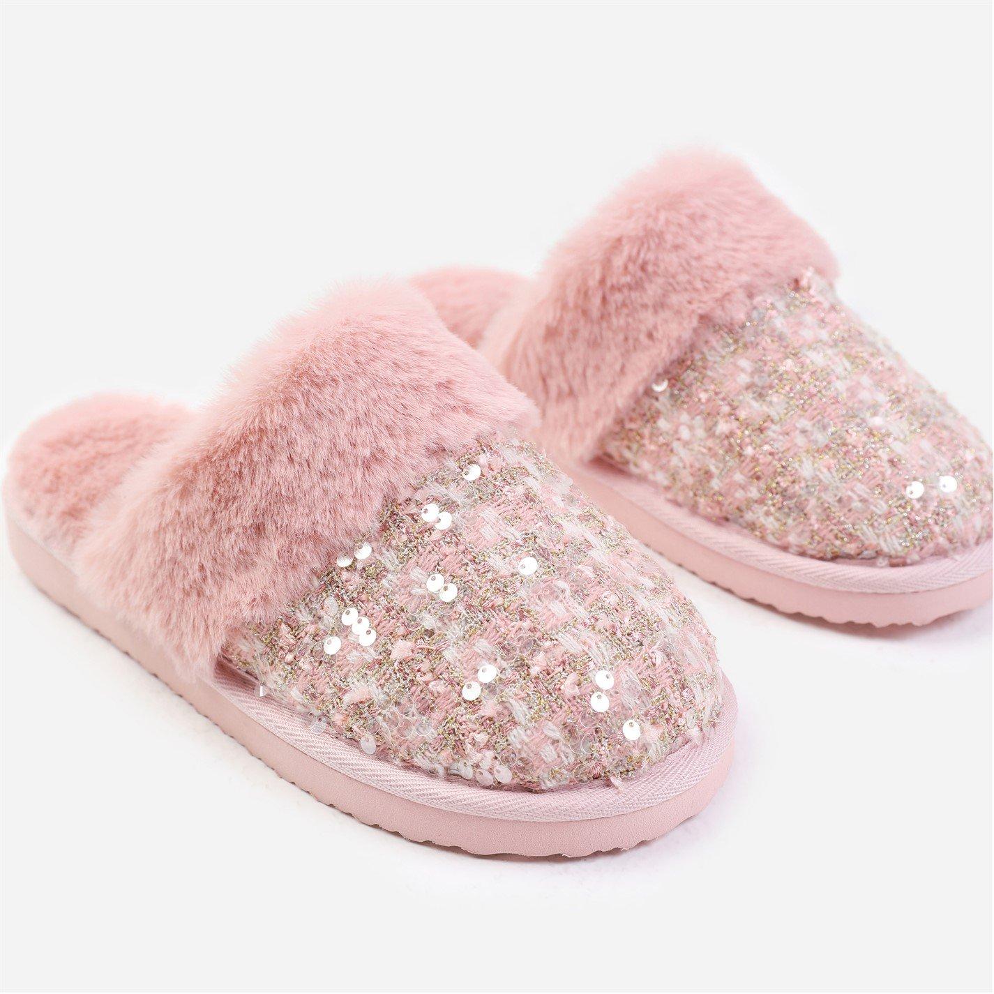Pinkgold - Wheres That From - Cozy Slip On Sequin Slippers With Fur Trim In Pink - 4