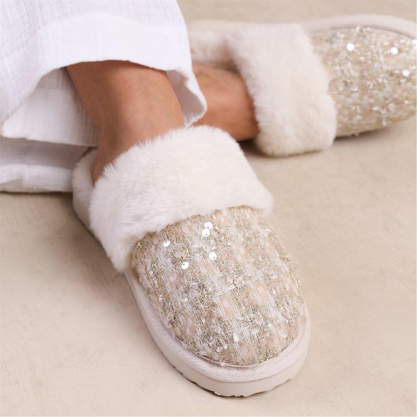 Beigegold - Wheres That From - Cozy Slip On Sequin Slippers With Fur Trim In Beig - 2