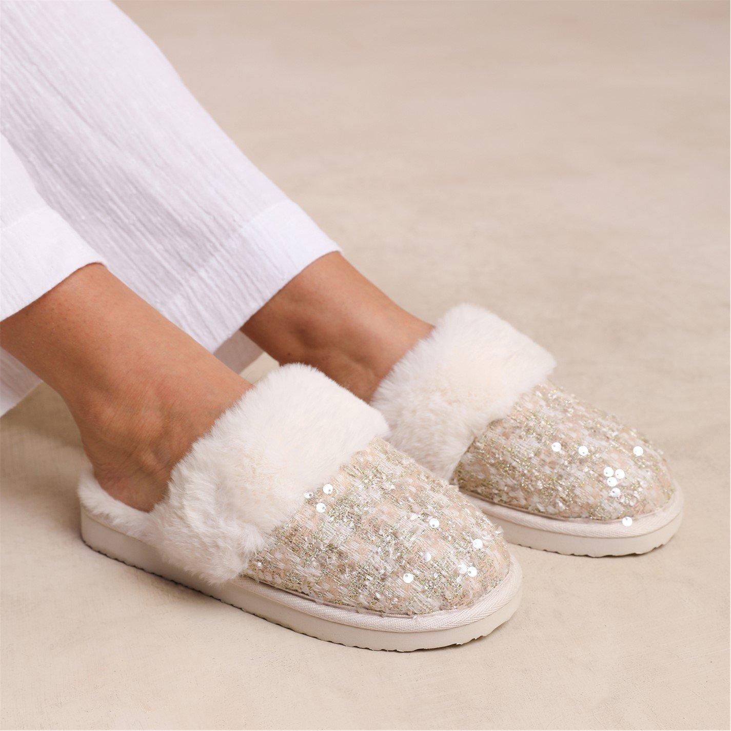 Beigegold - Wheres That From - Cozy Slip On Sequin Slippers With Fur Trim In Beig - 3