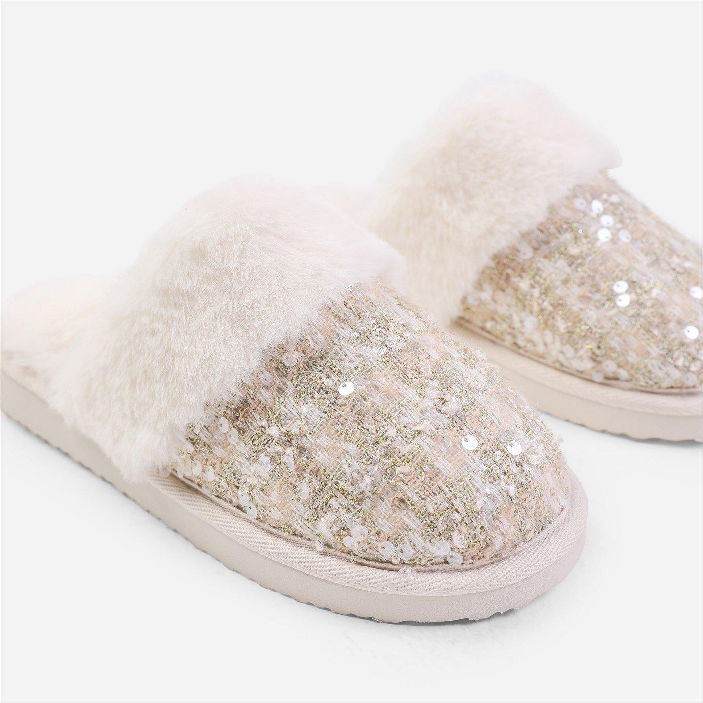 Beigegold - Wheres That From - Cozy Slip On Sequin Slippers With Fur Trim In Beig - 4