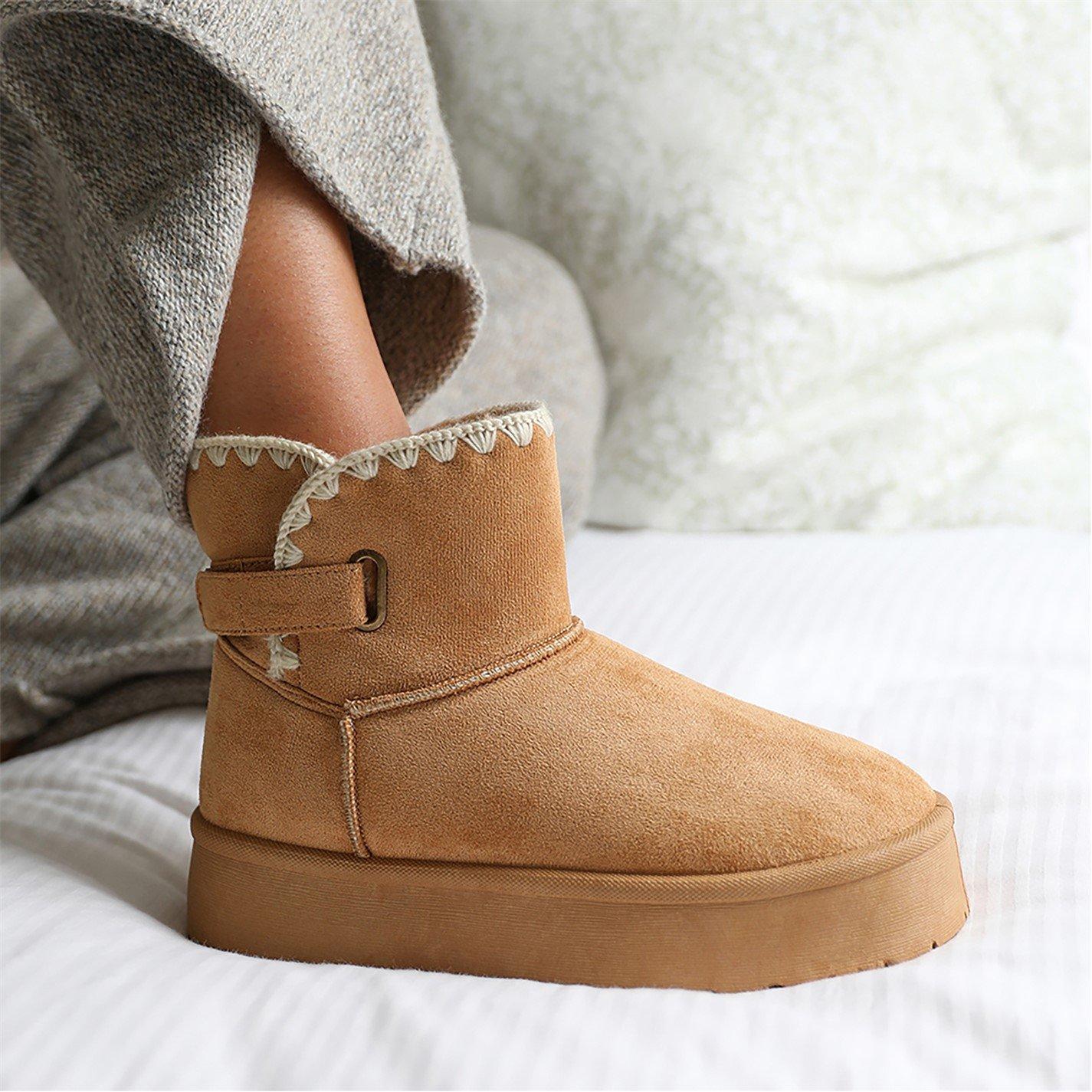 Chestnutsuede - Wheres That From - Calla Flatform Fur Lining Ankle Boot With Velcro F - 2
