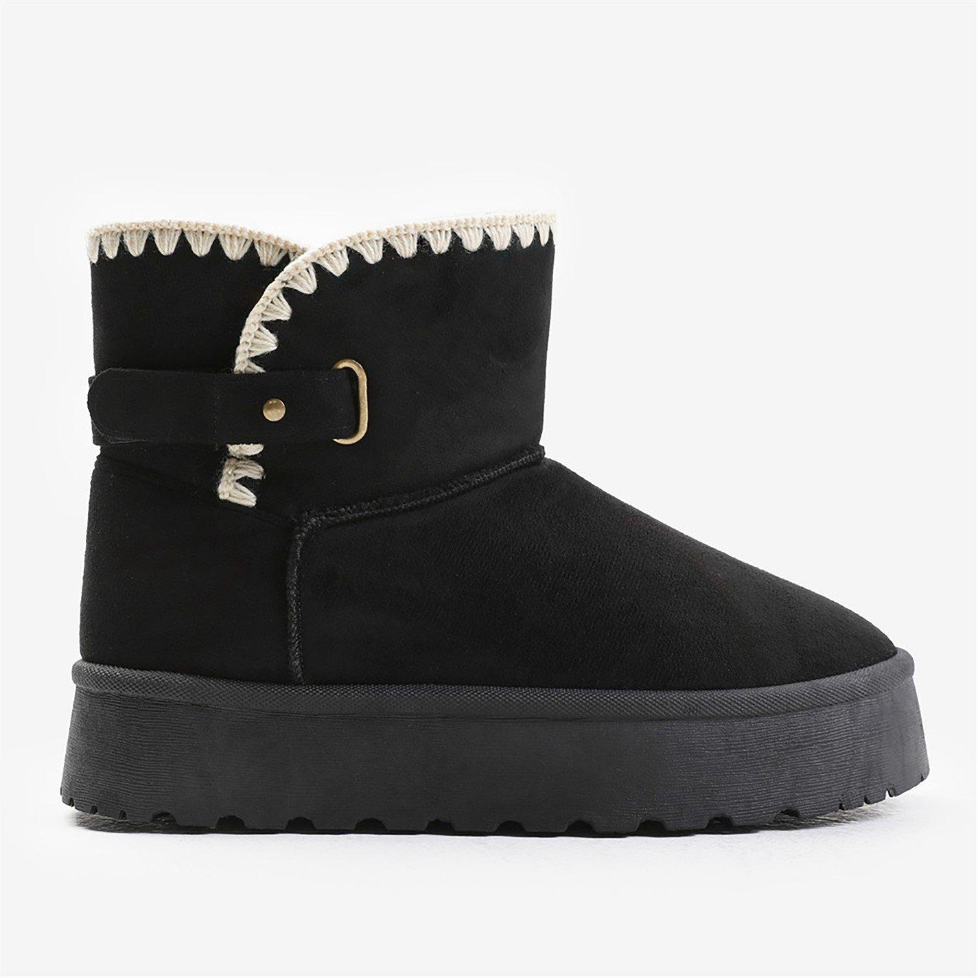 Black Suede - Wheres That From - Calla Flatform Fur Lining Ankle Boot With Velcro F - 1