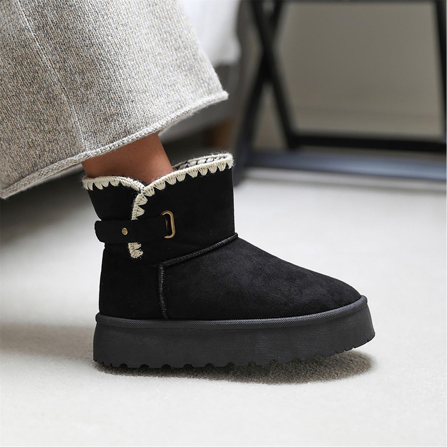 Black Suede - Wheres That From - Calla Flatform Fur Lining Ankle Boot With Velcro F - 2