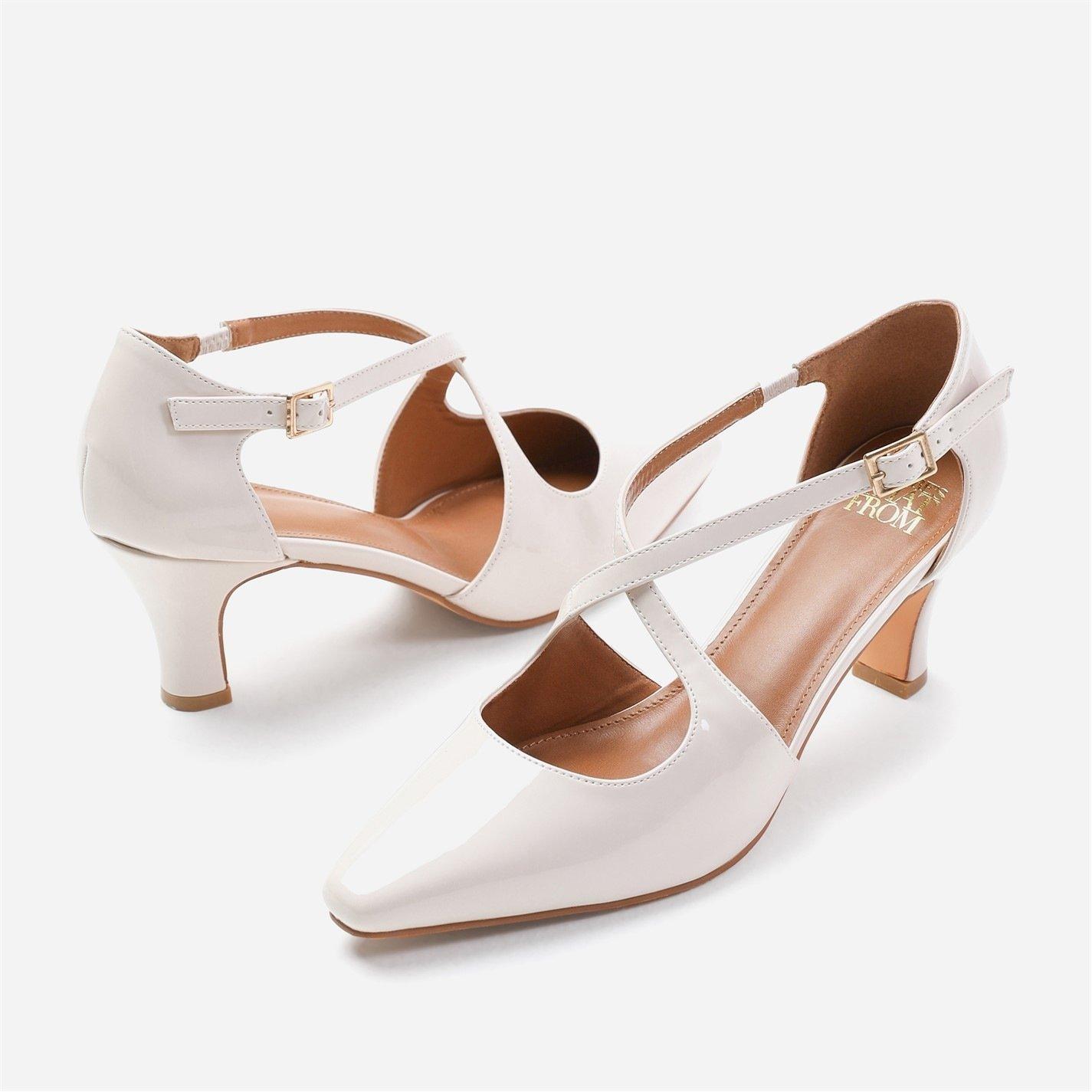 Creampatent - Wheres That From - Colorado Cross Over Strap Mid Block Heel In Cream - 4