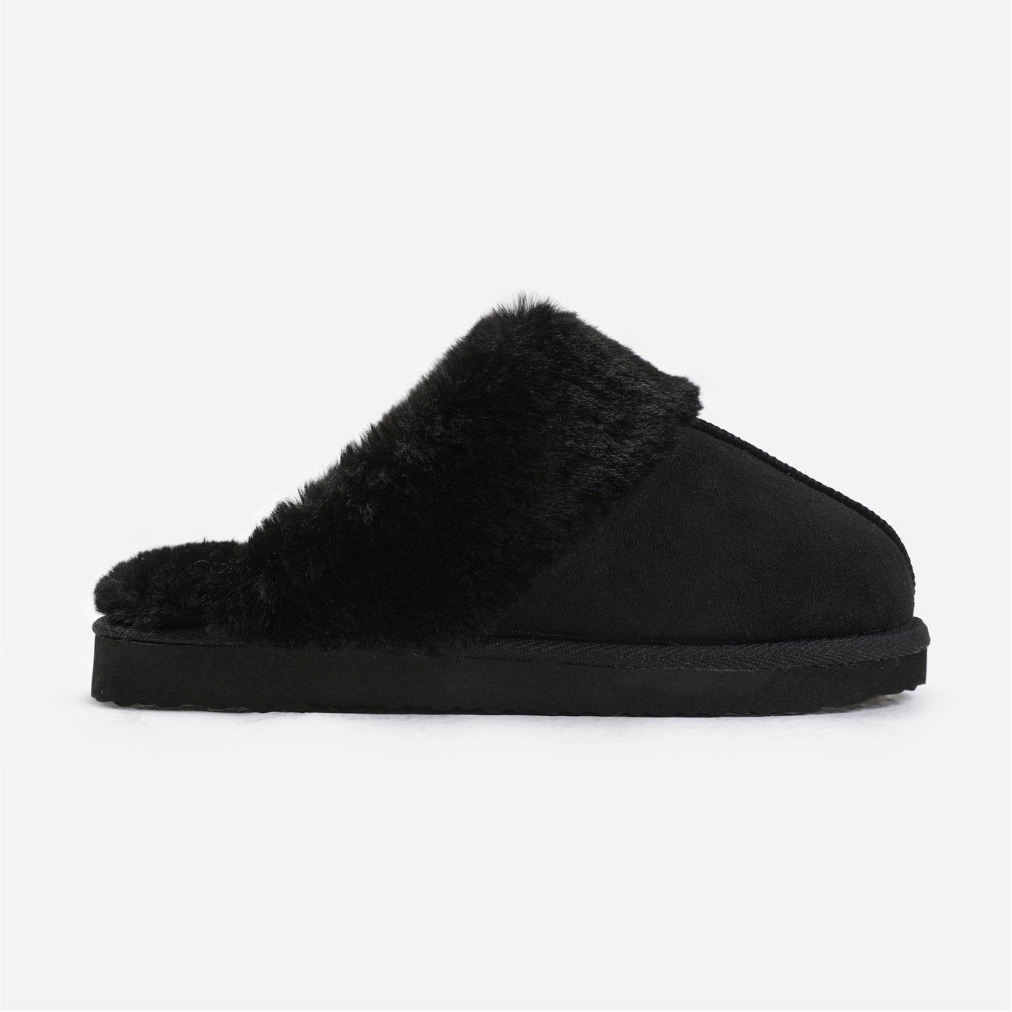 Wheres That From Women's Black Suede Lounge Slippers With Fur Trim