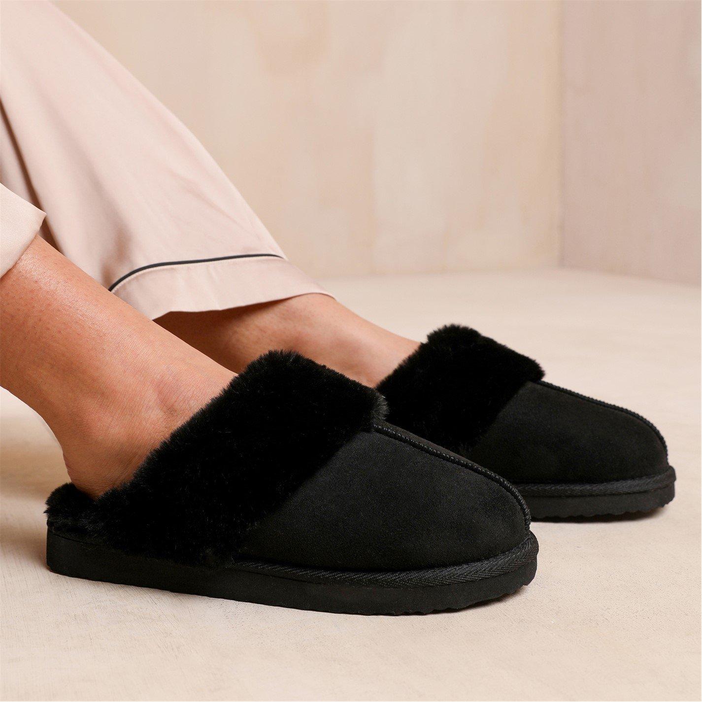 Black Suede - Wheres That From - Lounge Black Suede Slippers With Fur Trim - 2