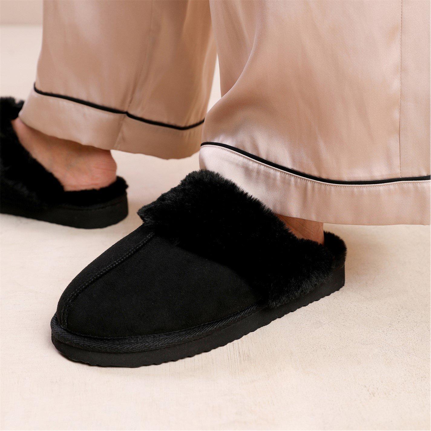 Black Suede - Wheres That From - Lounge Black Suede Slippers With Fur Trim - 3